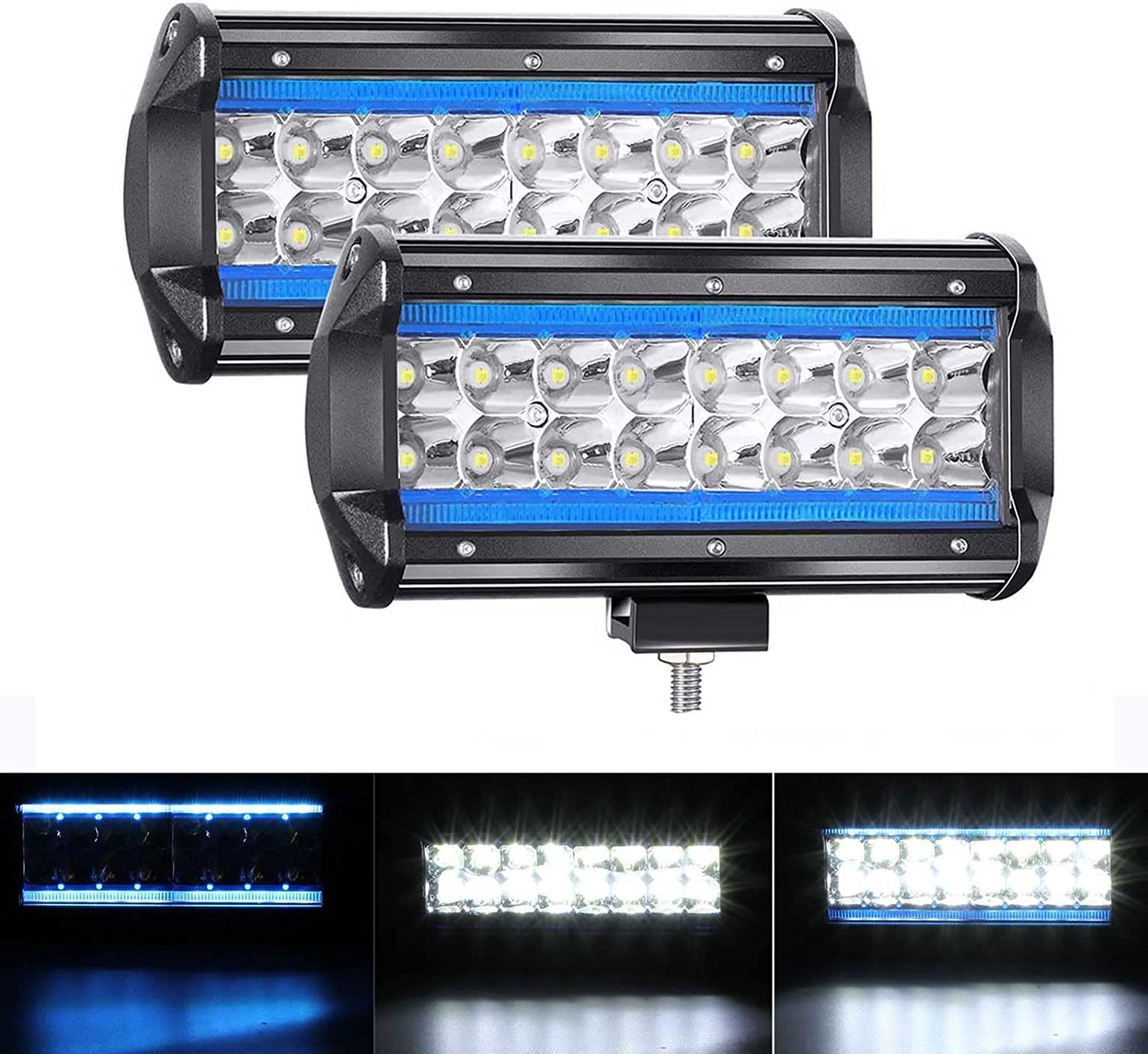 LED Offroad Work Lights 240W 24000LM Flood Spot Lamps for Truck SUV Tractor - Pure White + Ice Blue 7" LED Light Bar Short