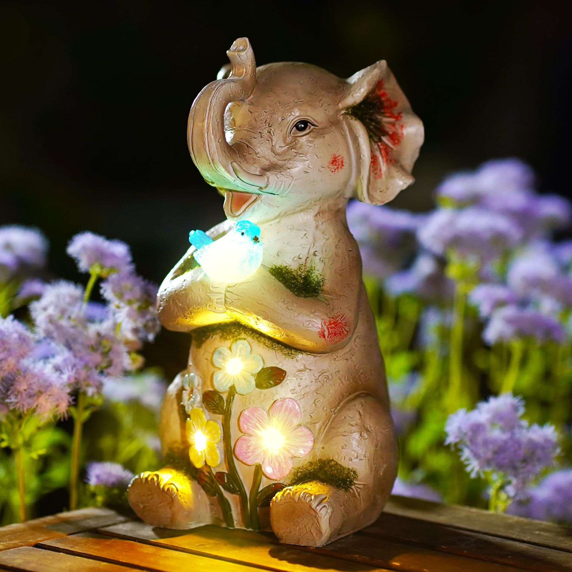 Solar Elephant Garden Statue Resin Ornament with LED Glowing Bird Waterproof Lawn Decoration Gift - Brown