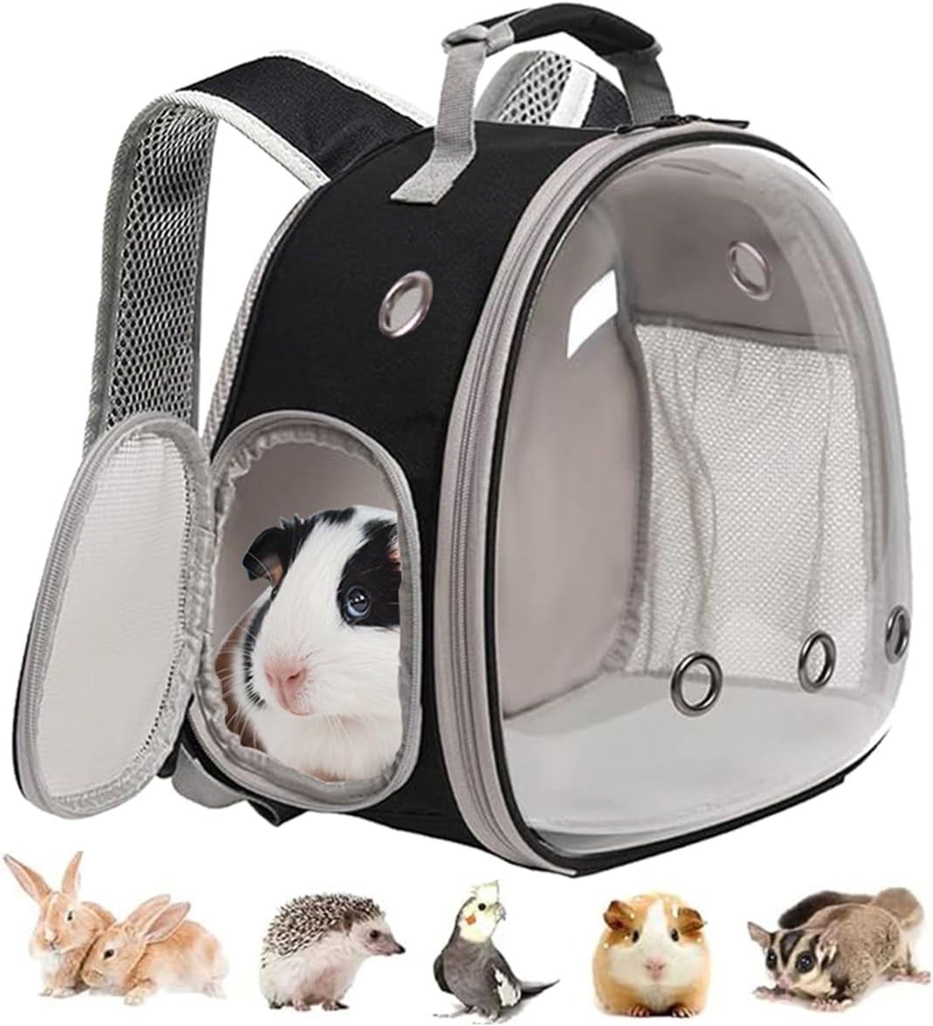 Guinea Pig Backpack Space Capsule Carrier with Transparent Bubble Window for Small Pets, Rabbits & Birds - Black Large
