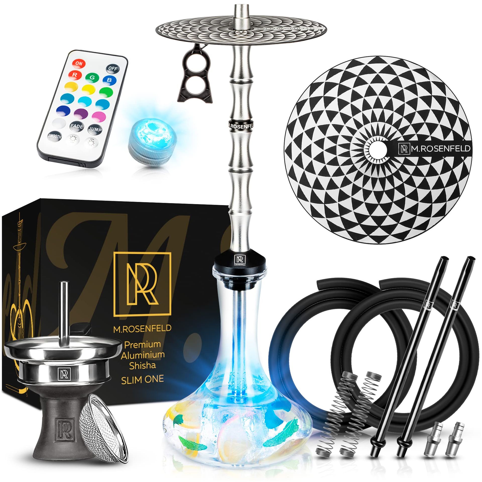 XL Shisha Set with 2 Hoses, 85cm Tall, LED Light, Aluminium & Stainless Steel Column, Complete Rose Gold Hookah Kit