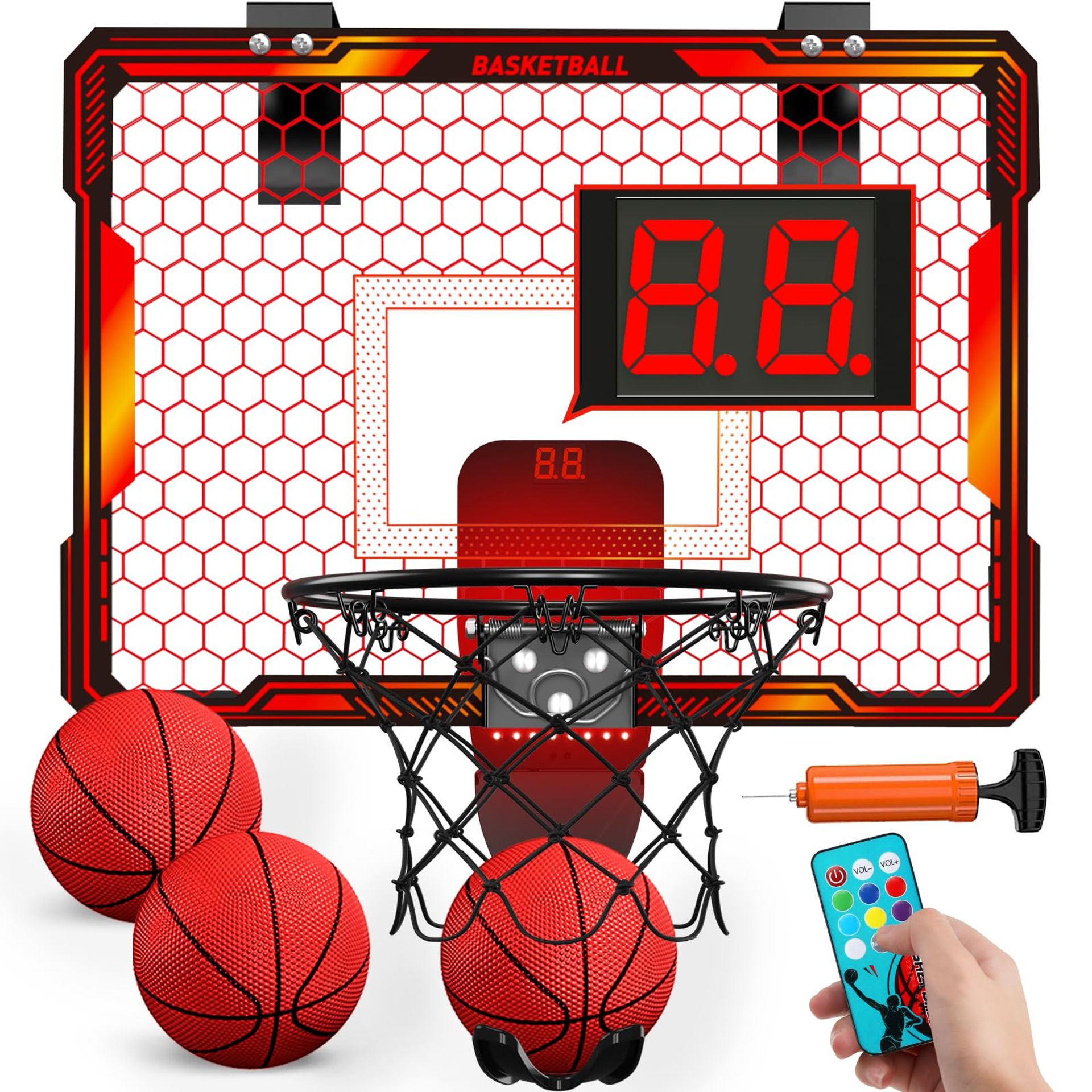 Kids Mini Basketball Hoop Remote Control LED Lights Scoreboard 3 Balls Indoor Toy Game Set - Orange Red with Remote