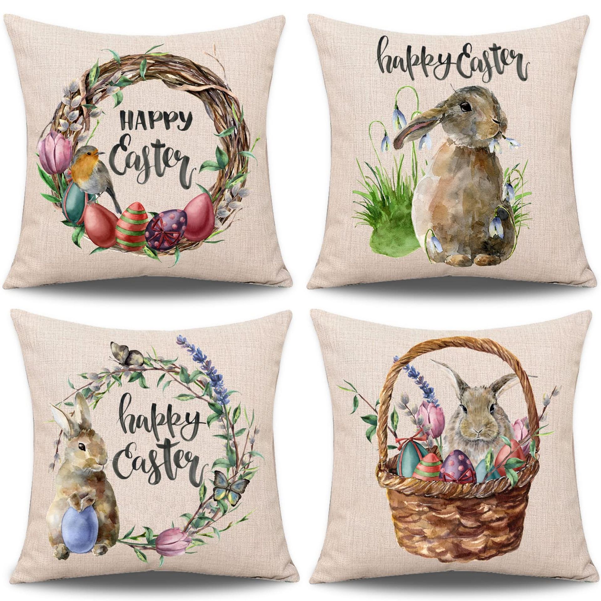 Whaline Easter Pillow Covers - 4 Pack of 18" x 18" Rabbit & Eggs Design for Spring Décor