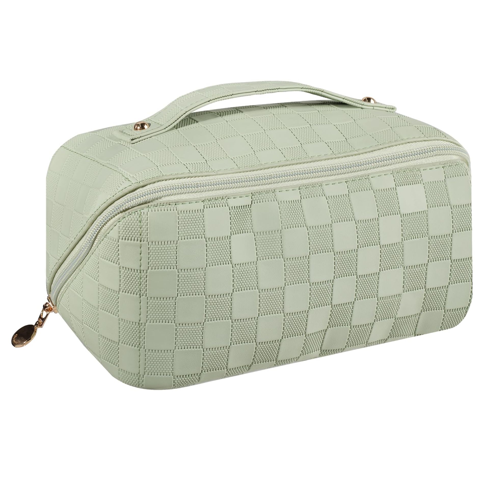 Waterproof Makeup Bag with Compartments, Wide Opening Travel Toiletry Organiser for Women & Girls - Green