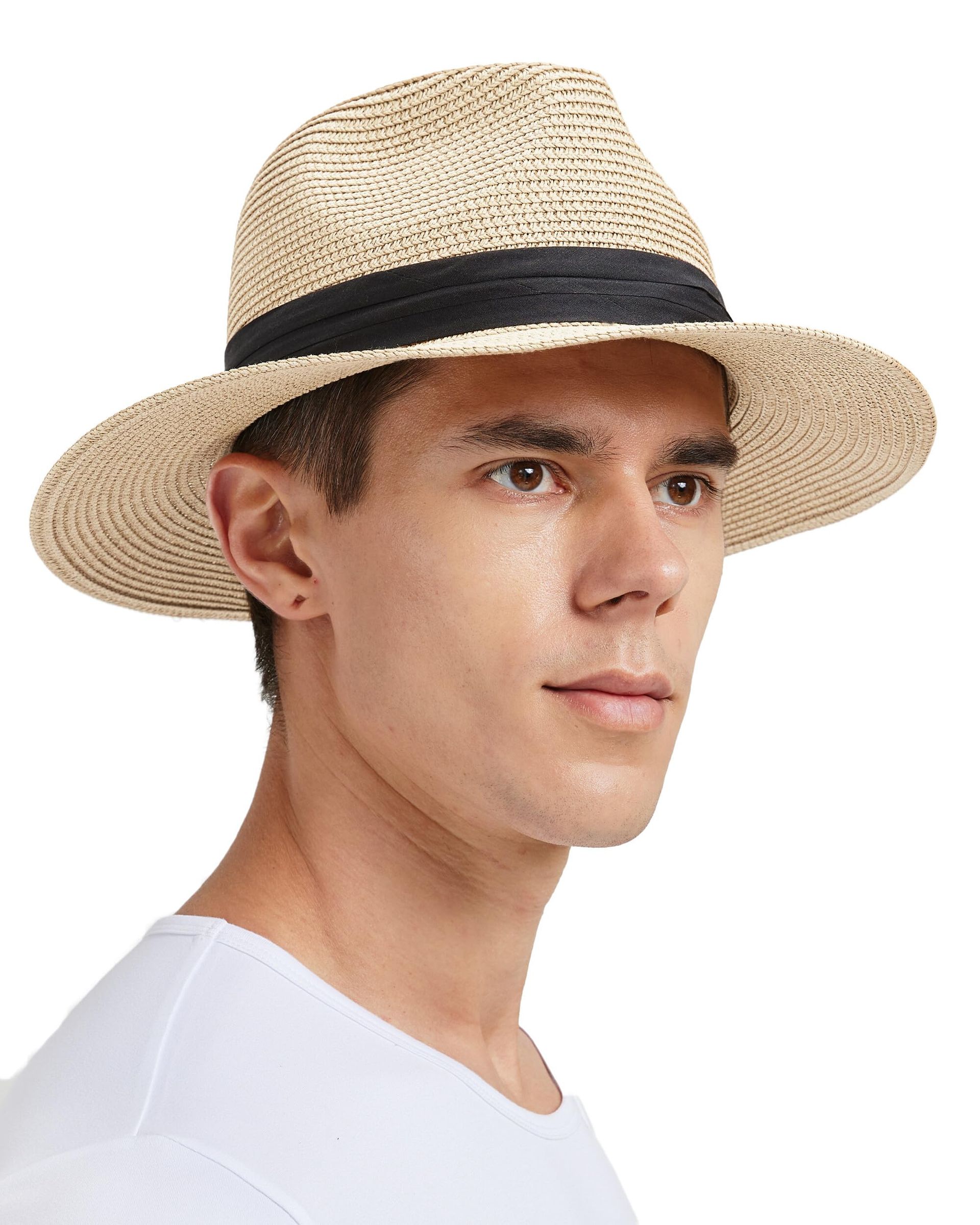 Large Sun Straw Hat for Big Heads Wide Brim UV Protection Beach Fedora - Beige L
