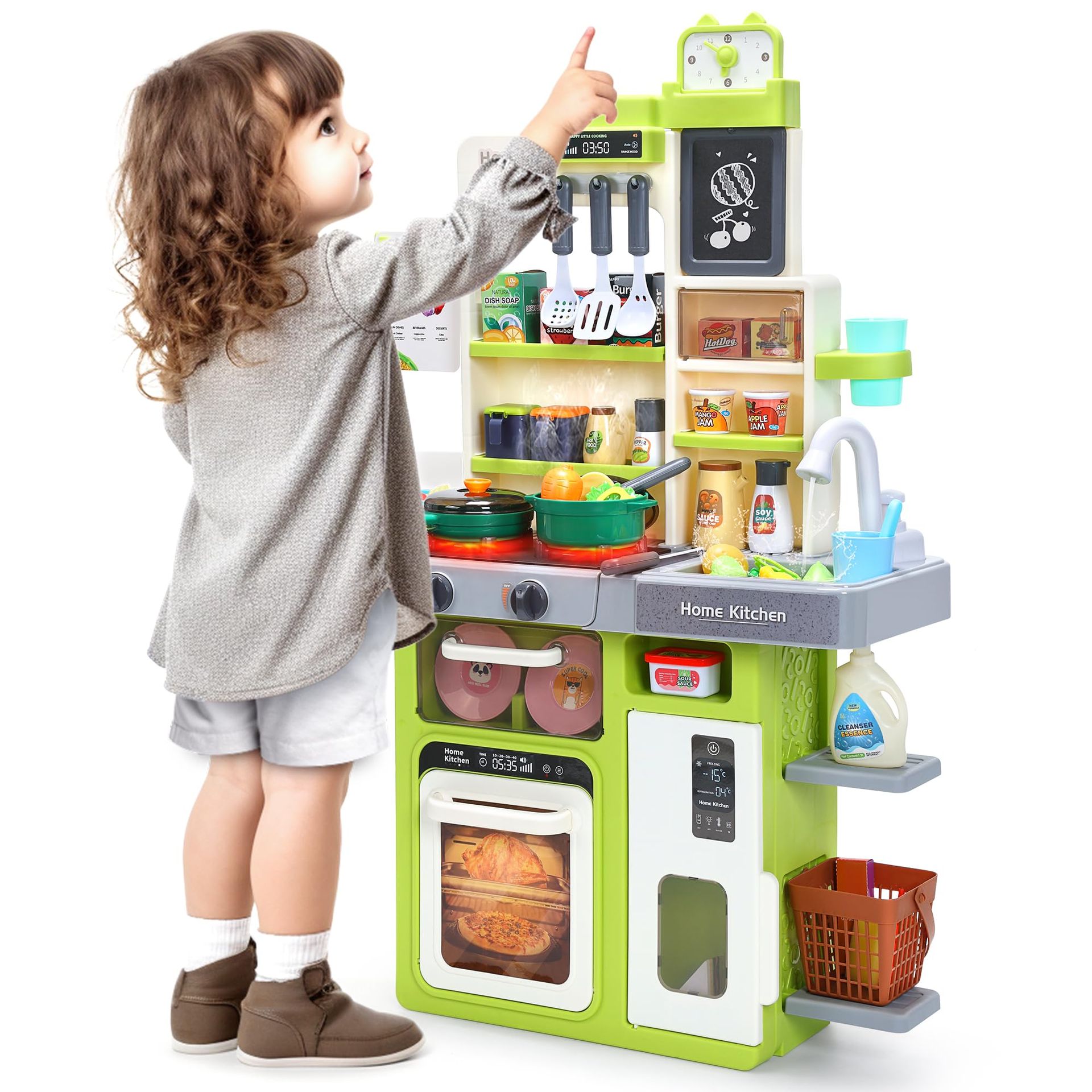 Pretend Play Kitchen Set with Water Sink, Steam, Light & Sound, 63-Piece Toy Food and Utensils for Kids - Green 47x37x36cm