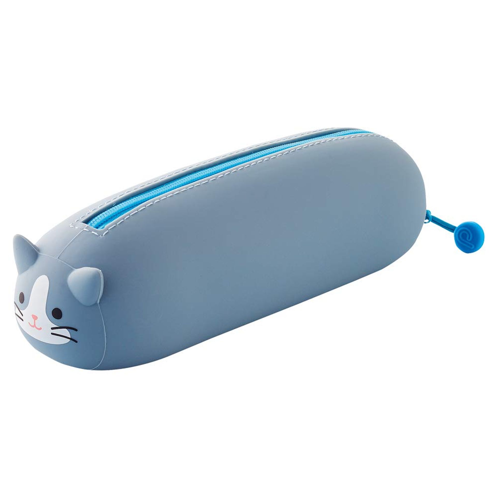 Cute Grey Cat Silicone Zipper Pen Case - Washable & Secure Pouch for Stationery & Cosmetics