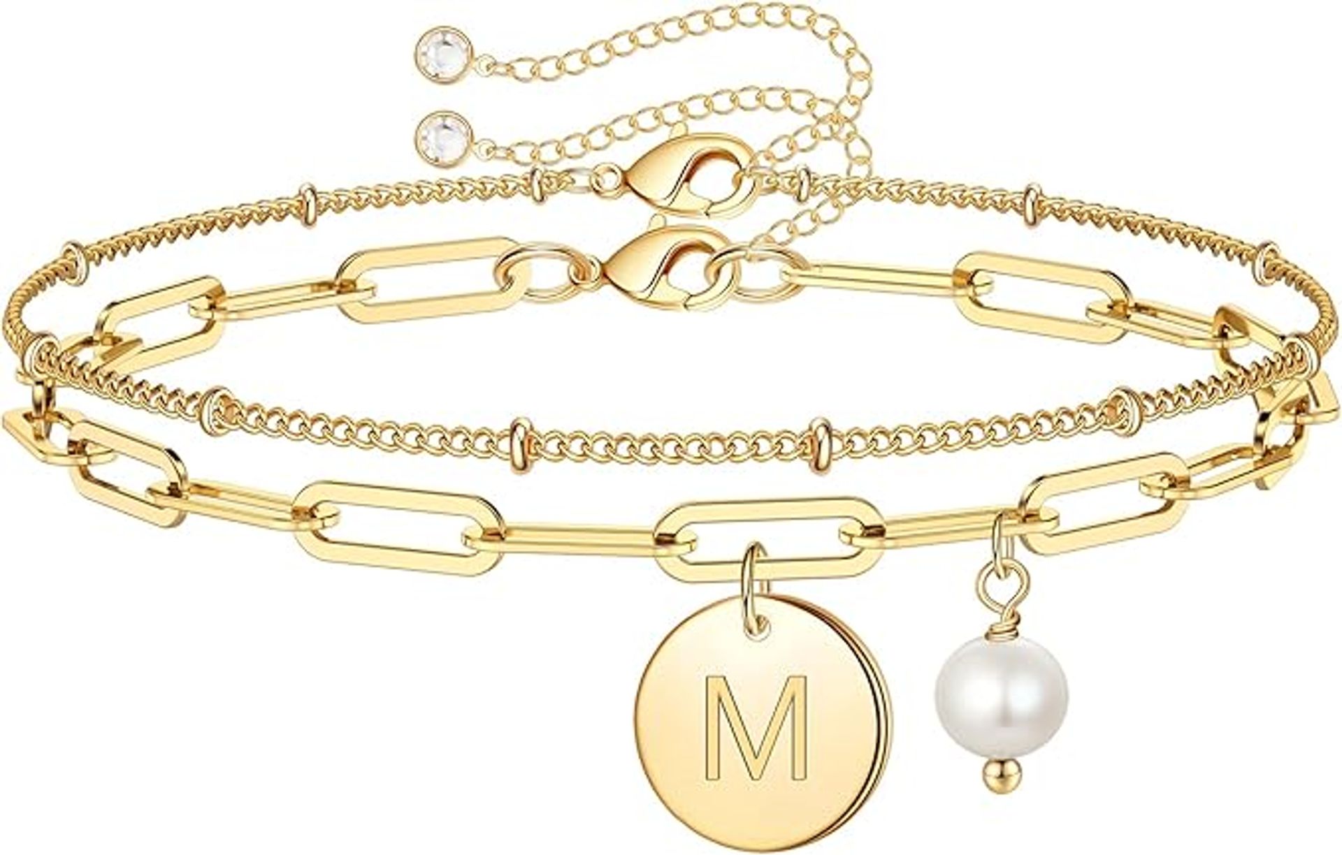 Dainty Layered Initial Bracelets for Women, 14K Gold Plated