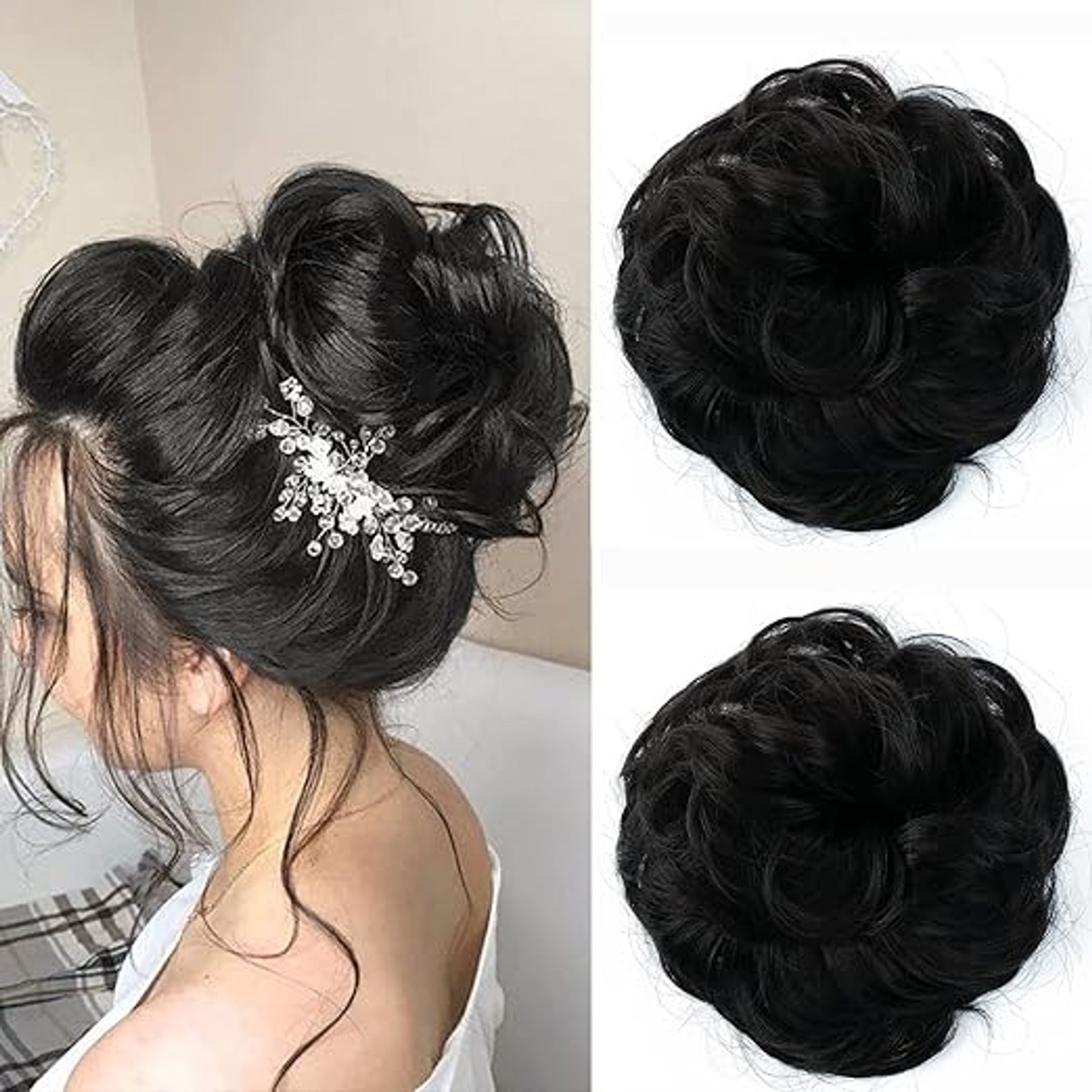 JJstar 2PCS Off Black Messy Bun Hair Piece - Curly Synthetic Updo Extensions
