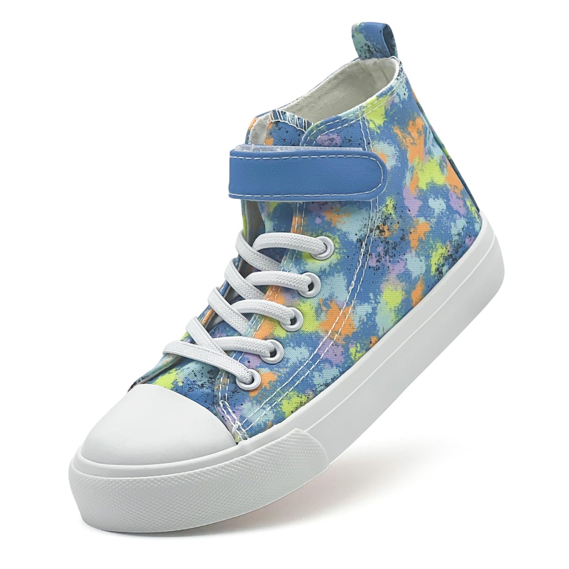 Kids High Top Trainers Lightweight Canvas Shoes Easy Fasten Non-Slip Sole - Blue Rainbow UK 12.5