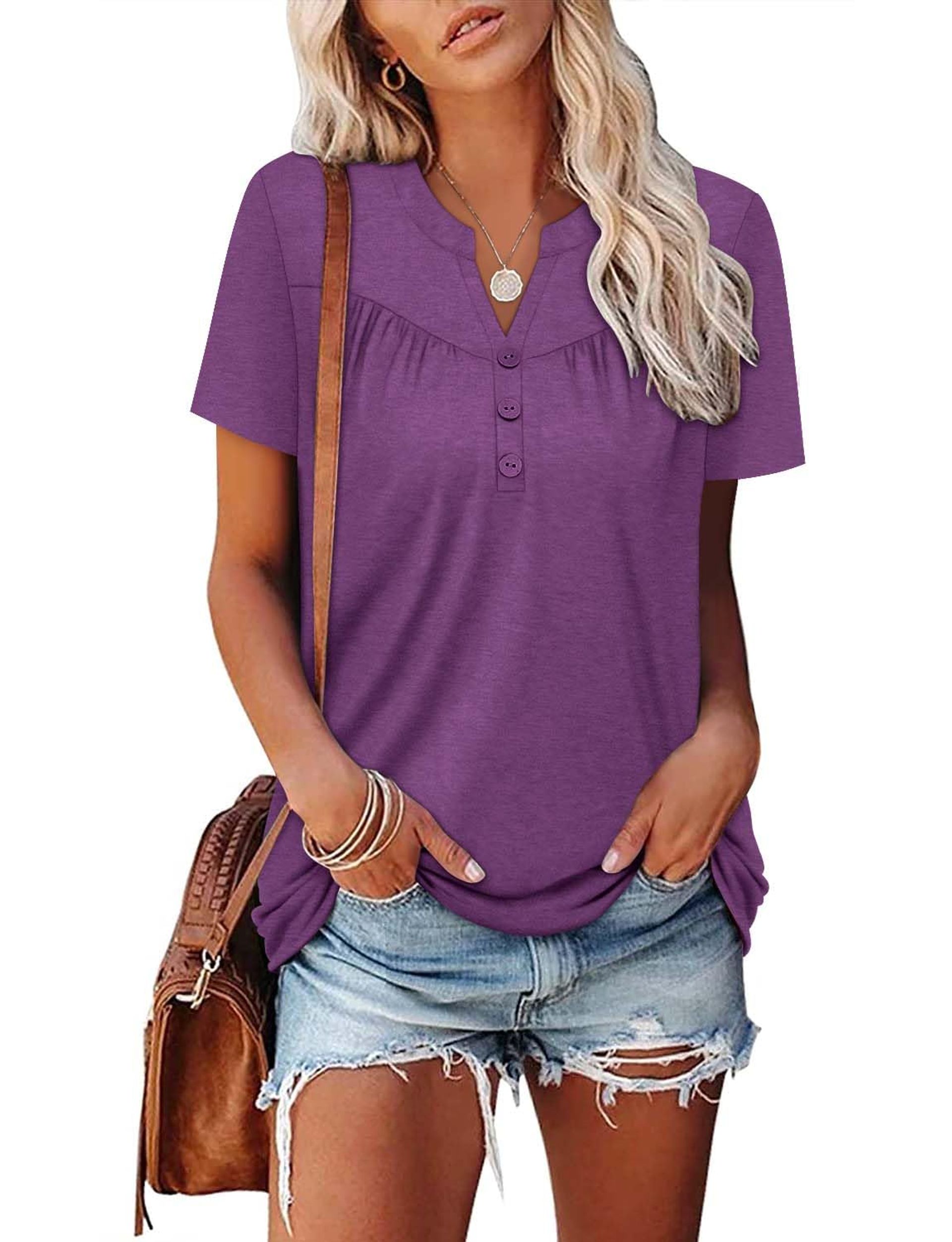 KISSMODA Ladies Flowy Tops Short Sleeve V Neck Henley Shirts Summer Basic