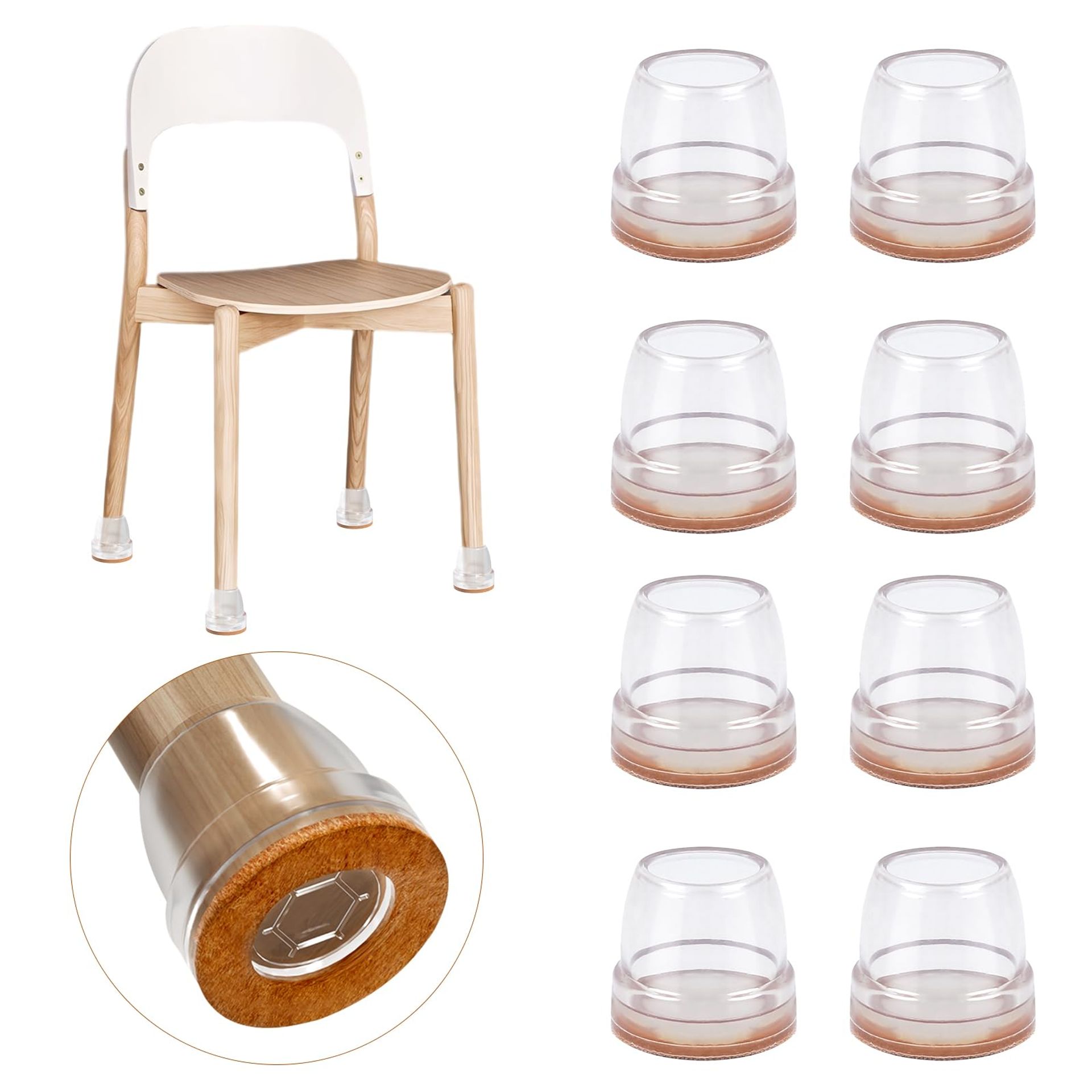 Chair Leg Covers Anti-Skid Sliding, 16 PCS Transparent Silicone Protectors with Felt, No Noise, No Scratches