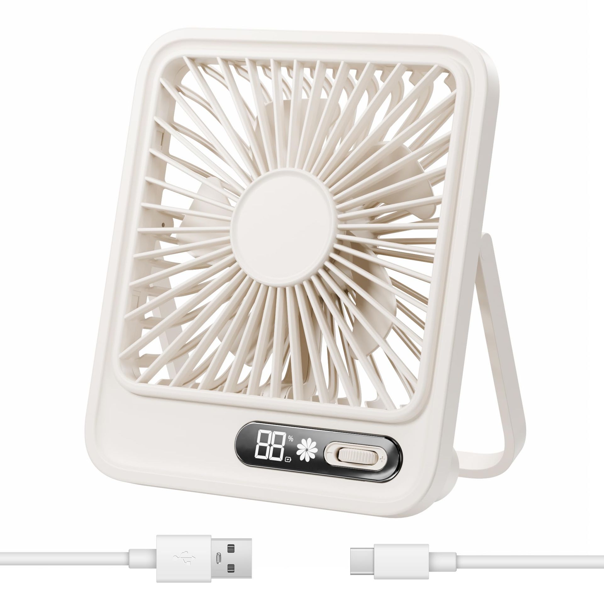 CURCOSA Portable Desk Fan, 1-100 Stepless Speed Rechargeable Battery Table Fans with USB-C Charging & LED Display, 180°Adjustable Mini Cooling Fan for Home Office Bedroom Outdoors (Beige)