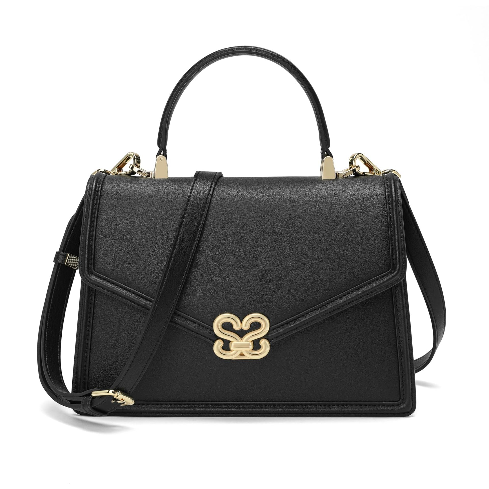 Women's Leather Crossbody Handbag with 3 Compartments & Removable Strap - Black