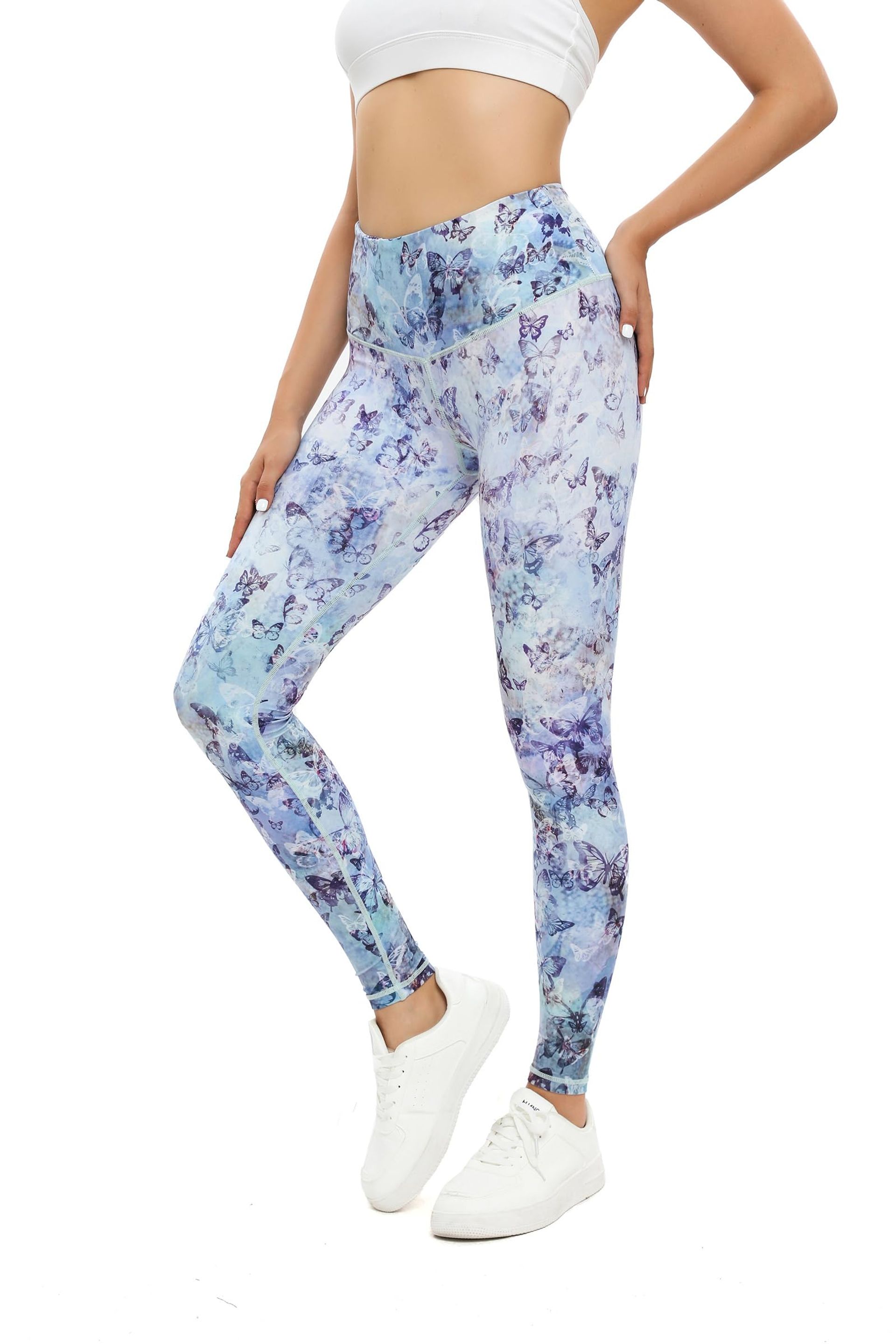 High Rise Sustainable Yoga Pants - Non-See Through Butterfly Print Leggings, Tummy Control