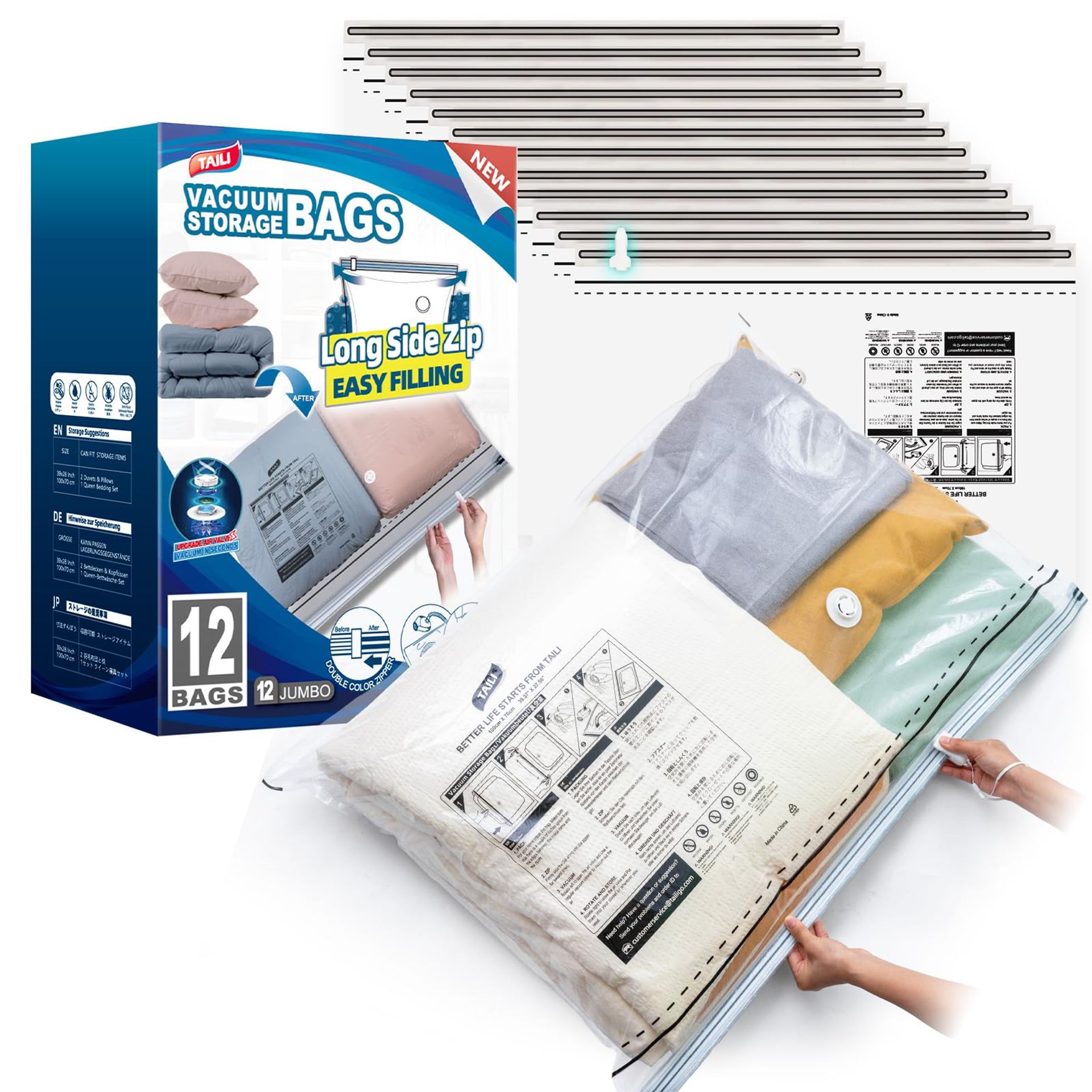 Vacuum Storage Bags 12 Pack 100x70cm Extra Large Compression Bags for Clothes, Bedding & Travel – Reusable Space Saver