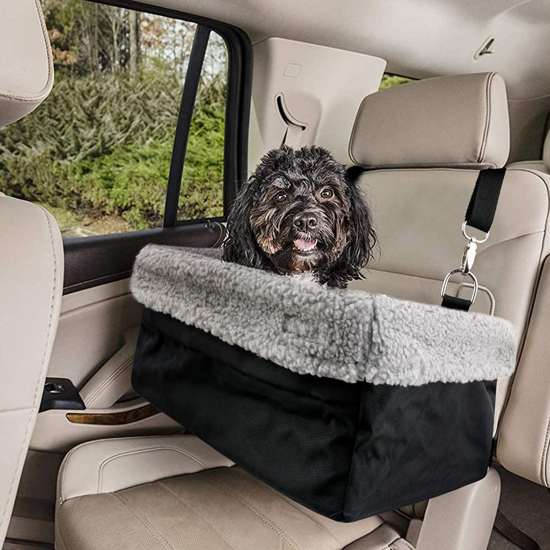 Dog Booster Car Seat for Small and Medium Pets Up to 8kg with Safety Lead and Elevated View - Black-Grey