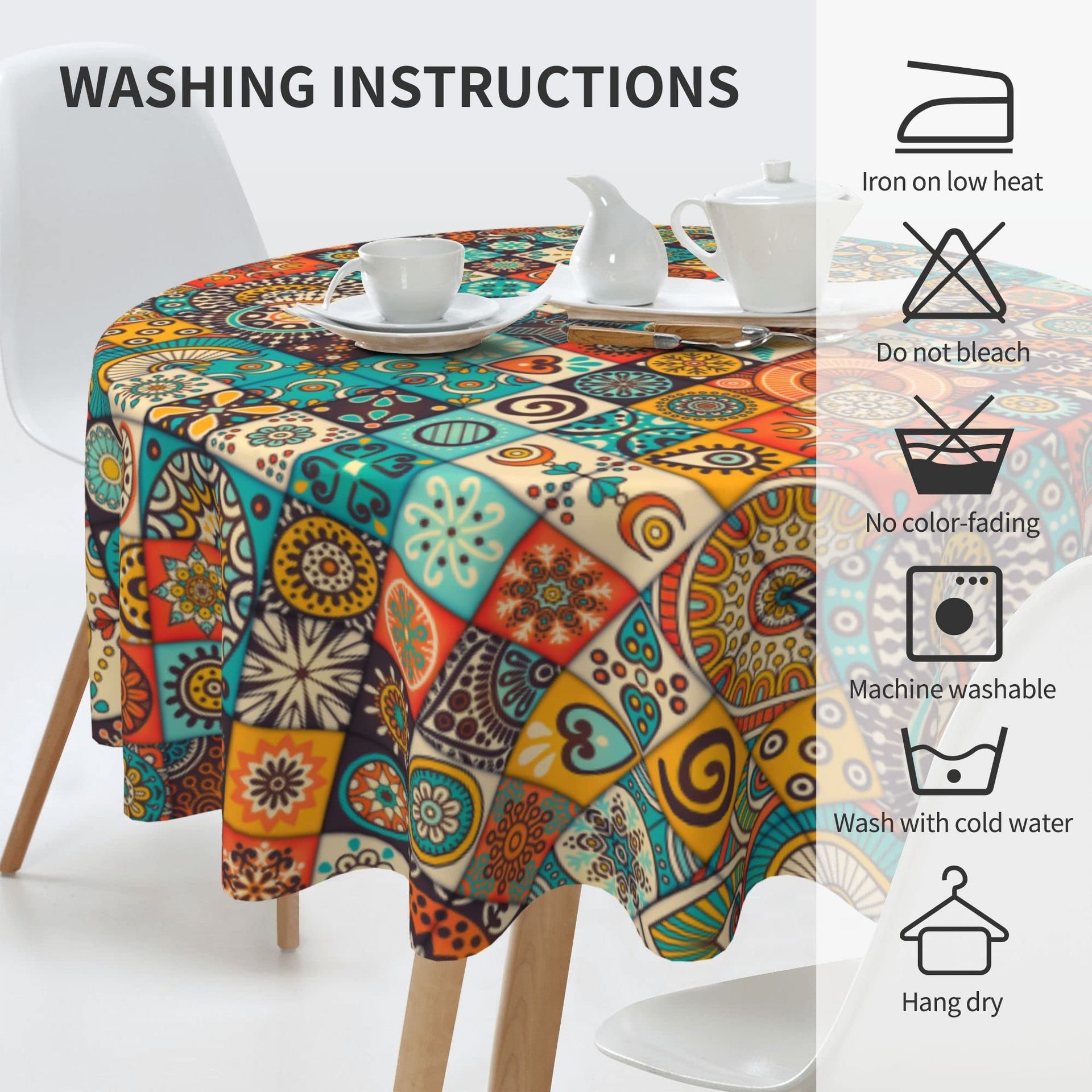 ATOSII 90" Round Cotton Tablecloth - Jade Block Print Floral, Boho Style