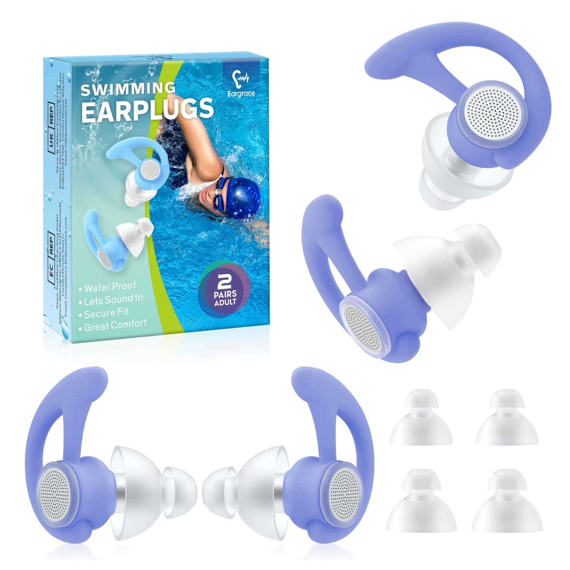 Swimming Ear Plugs, 2 Pairs Waterproof Ultra Comfy Reusable Swimming earplugs for Swimmers, Shower, Bathing, Surfing and Other Water Sports(Purple)