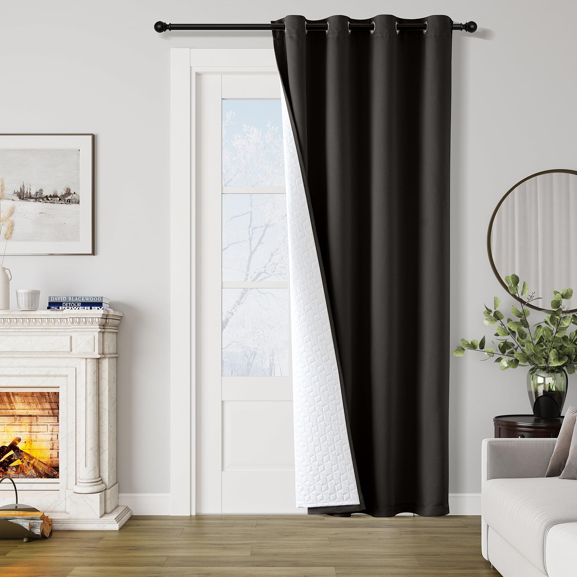 Extra Thick Thermal Curtain Eyelet Insulated Quilted Lining Single Panel Draft Excluder for Winter Home Use - Black/White Lining W52"xL88"