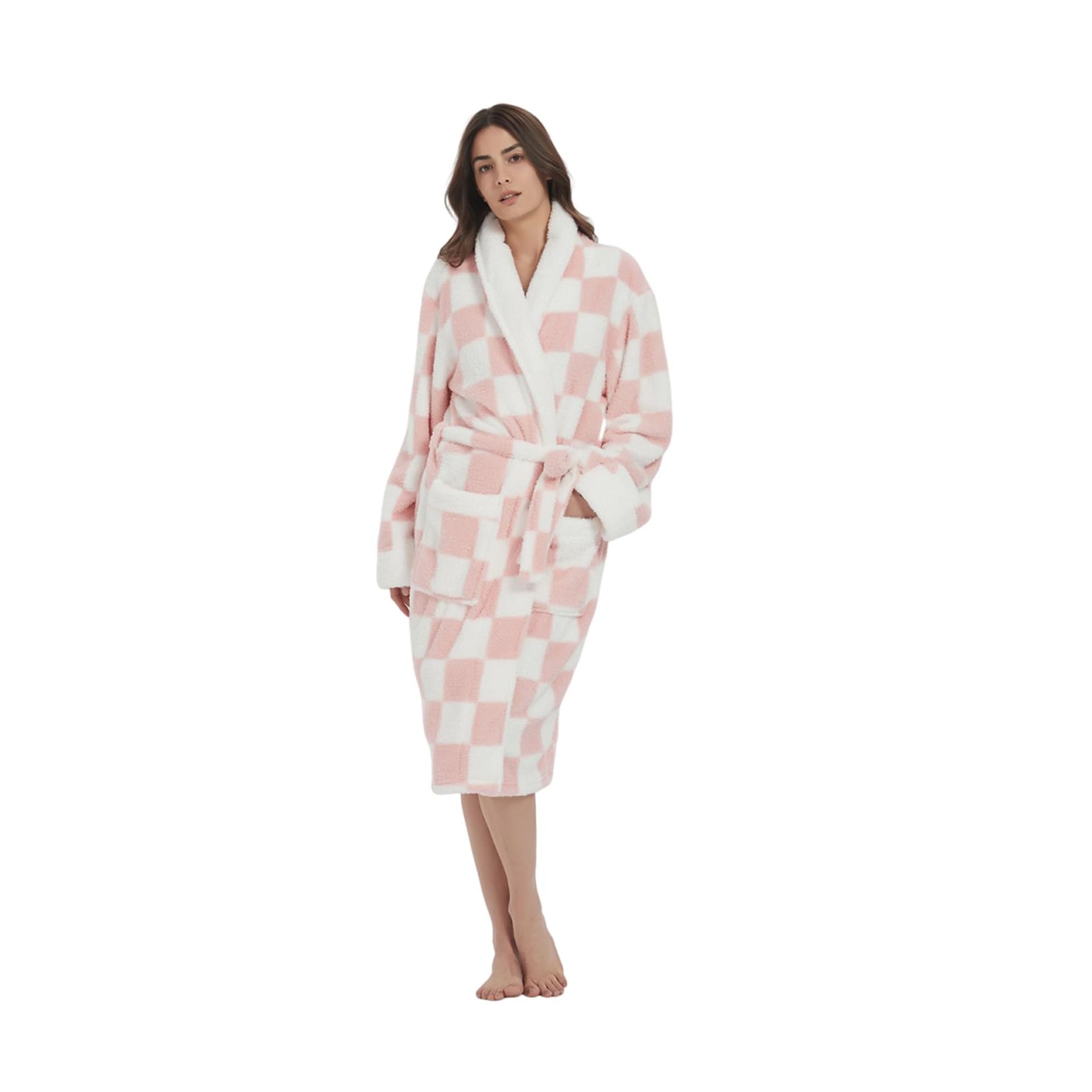 Women's Checkered Dressing Gown Soft Microfibre Bathrobe with Belt and Pockets - Pink Checkered M-L