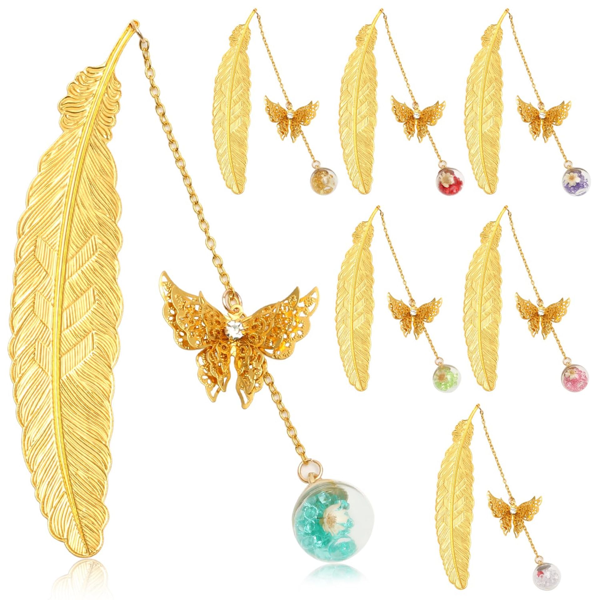 Elegant 3D Butterfly Feather Bookmarks Set – Perfect Gift for Book Lovers, 7-Piece Golden & Silver, Includes Dried Flowers