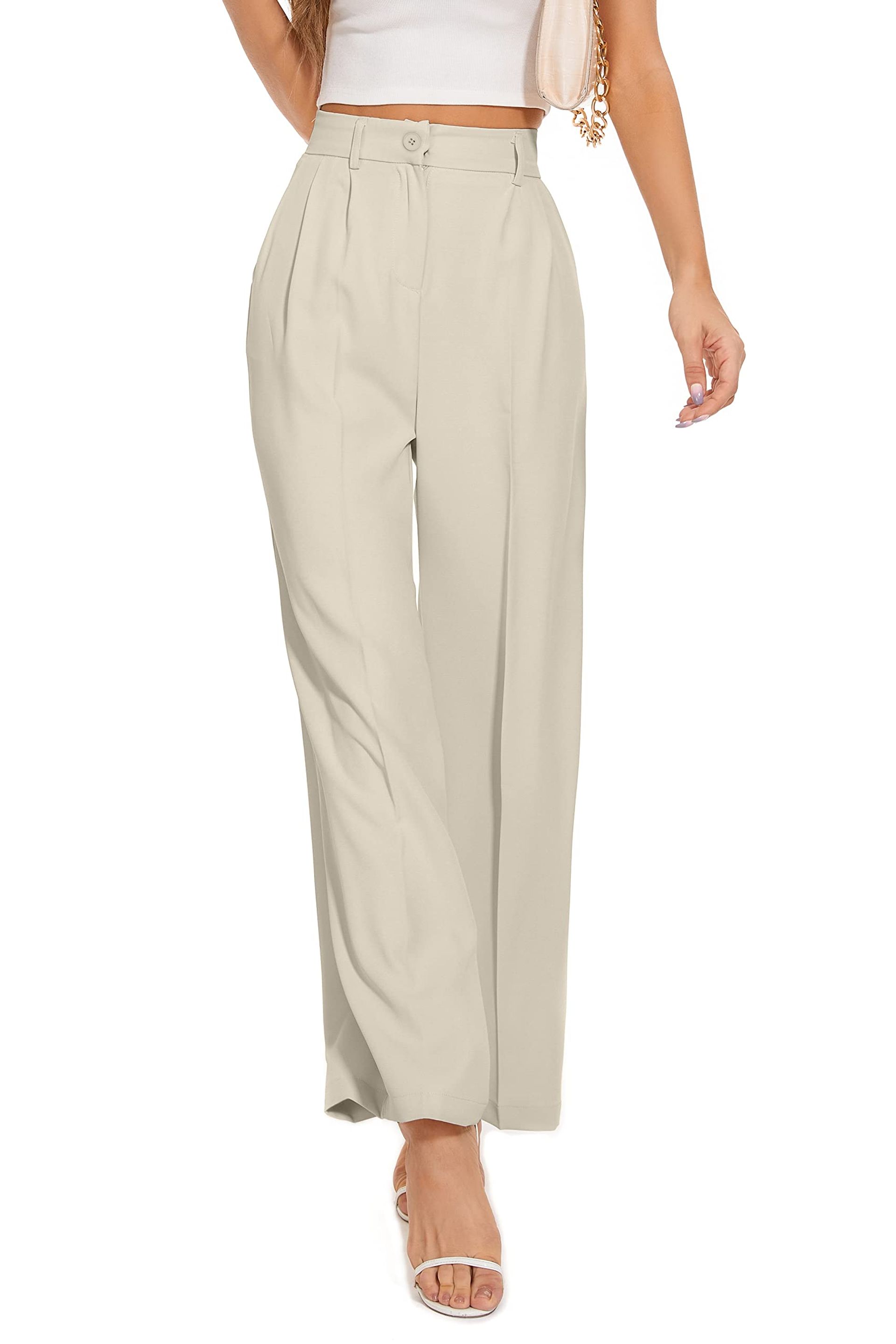 Women's Wide Leg Trousers High Elastic Waist Back Business Work Pants Soft Flowing Fabric - Off White M