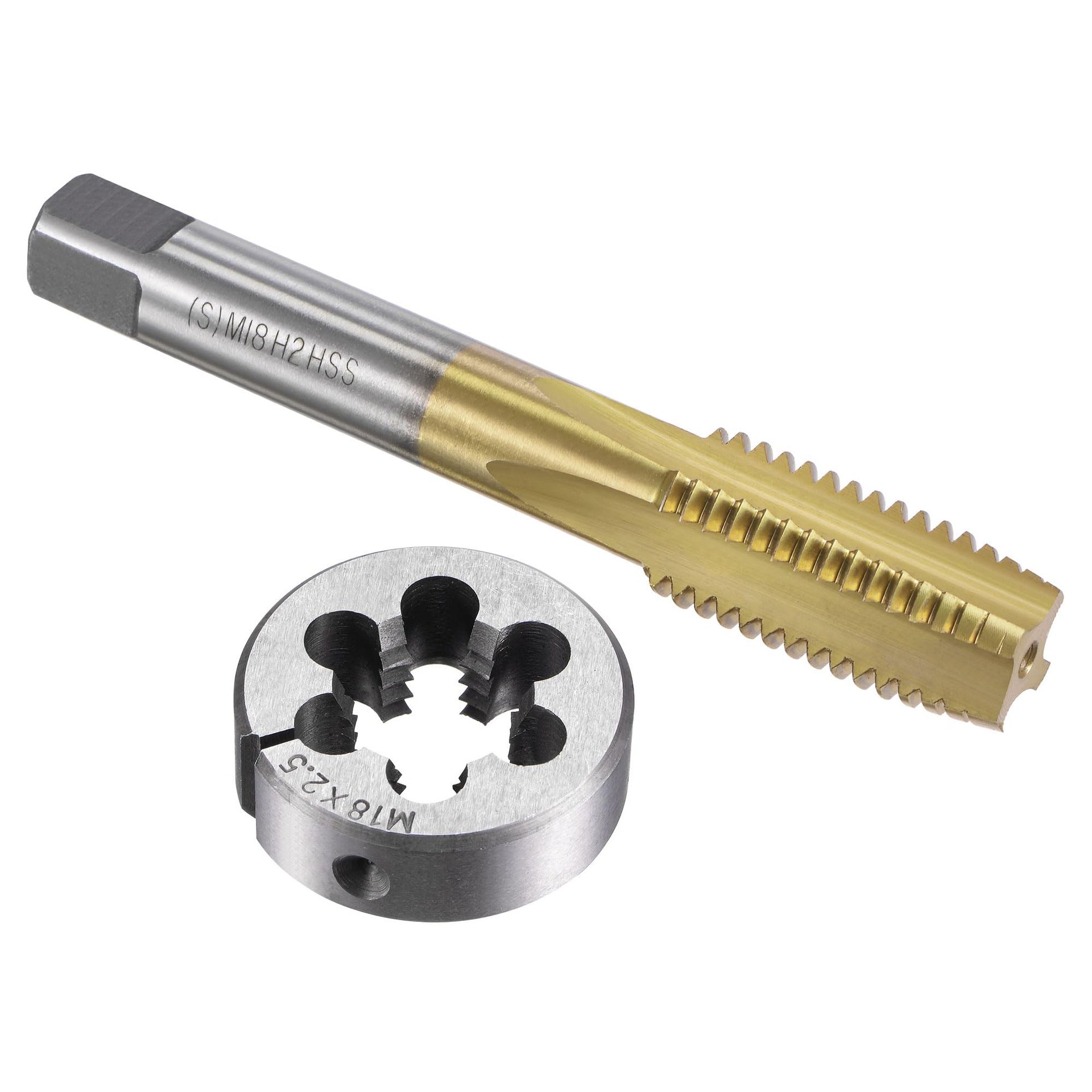 sourcing map Tap and Die Set Metric M18 x 2.5, HSS (High Speed Steel) Titanium Plated Machine Straight Flute Thread Screw Tap, Alloy Steel Round Threading Die
