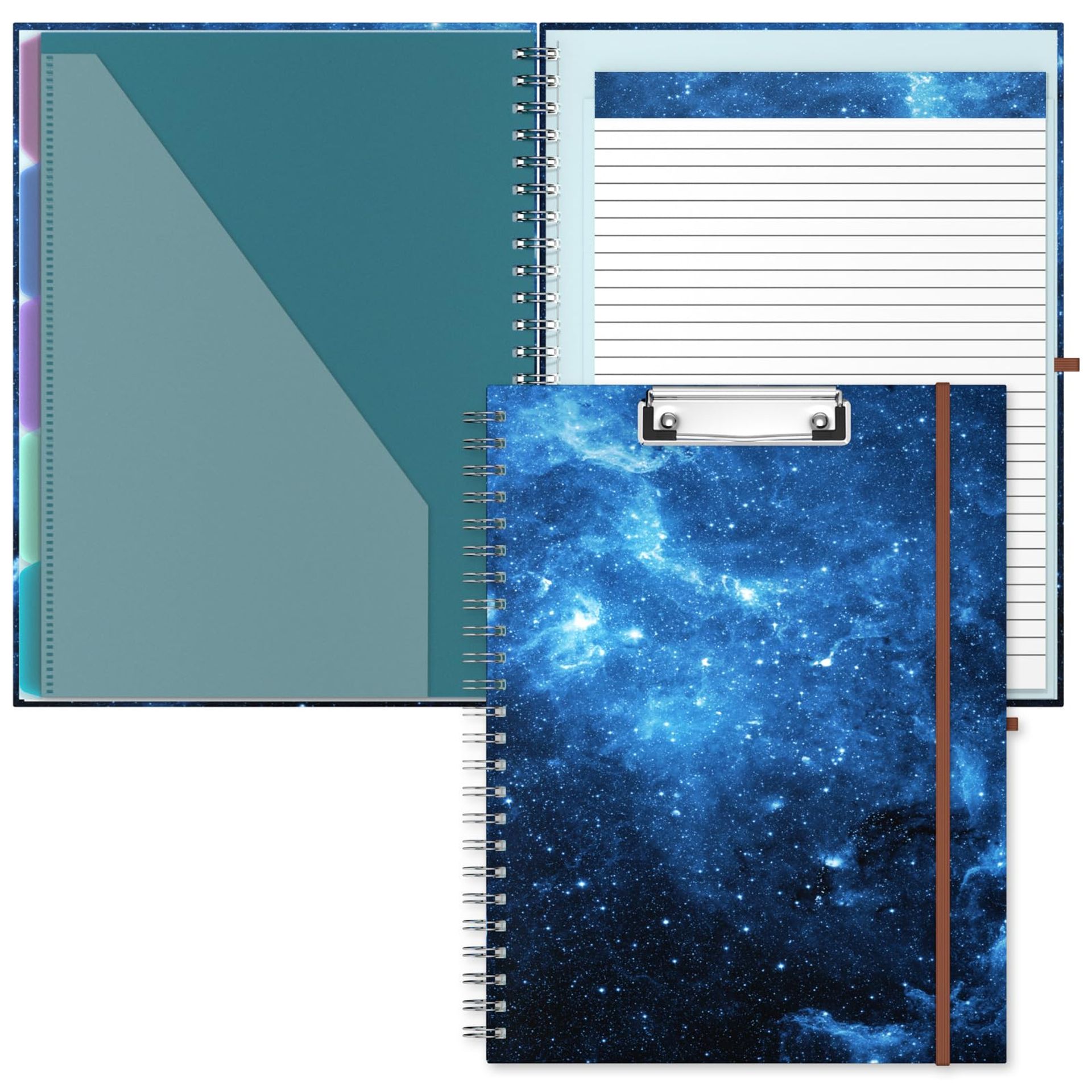 Hnogri Clipboard Folio with Refillable Lined Notepad, Clipboards with 5 A4 Folders Storage 10 Pockets, Spiral Clip Board Portfolio, Size 12.8" x 9.7", Office Supplies, School Supplies, Blue Sky