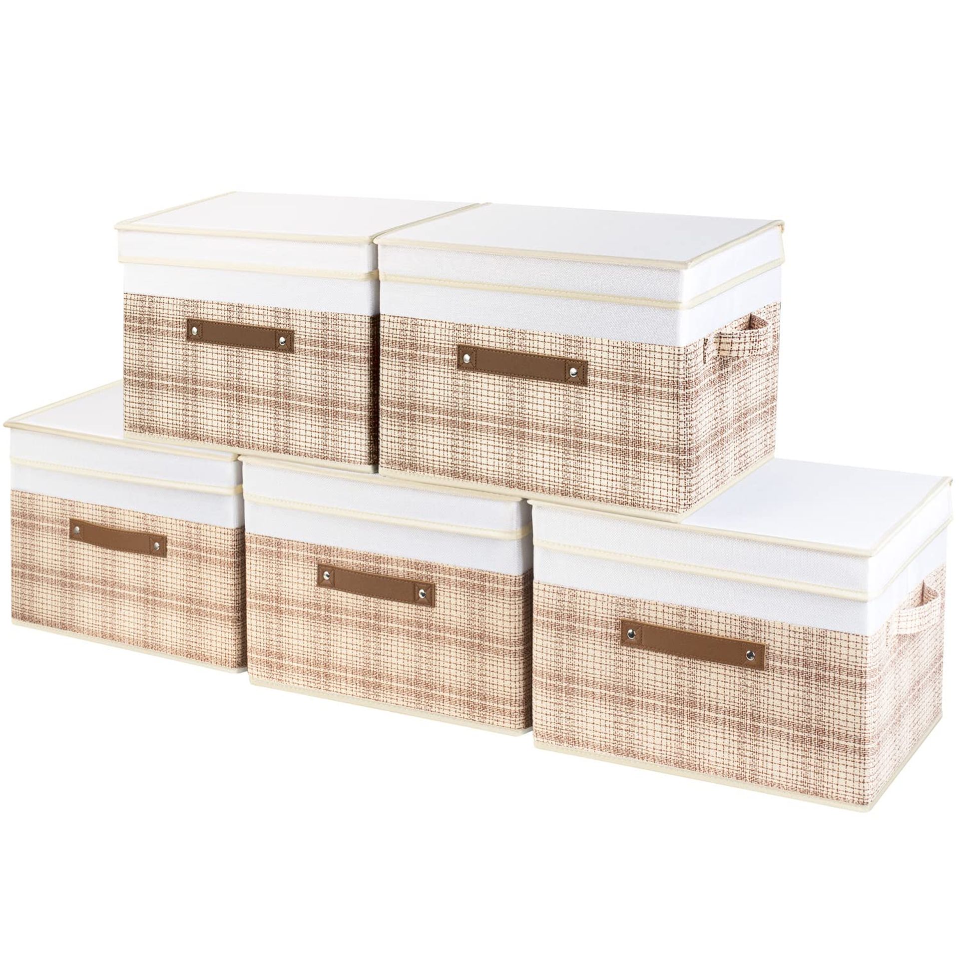 Collapsible Fabric Storage Boxes with Lids Decorative Patchwork Design for Clothes, Wardrobe and Home Organisation - Camel Tan & White Set of 5 - Student Essentials