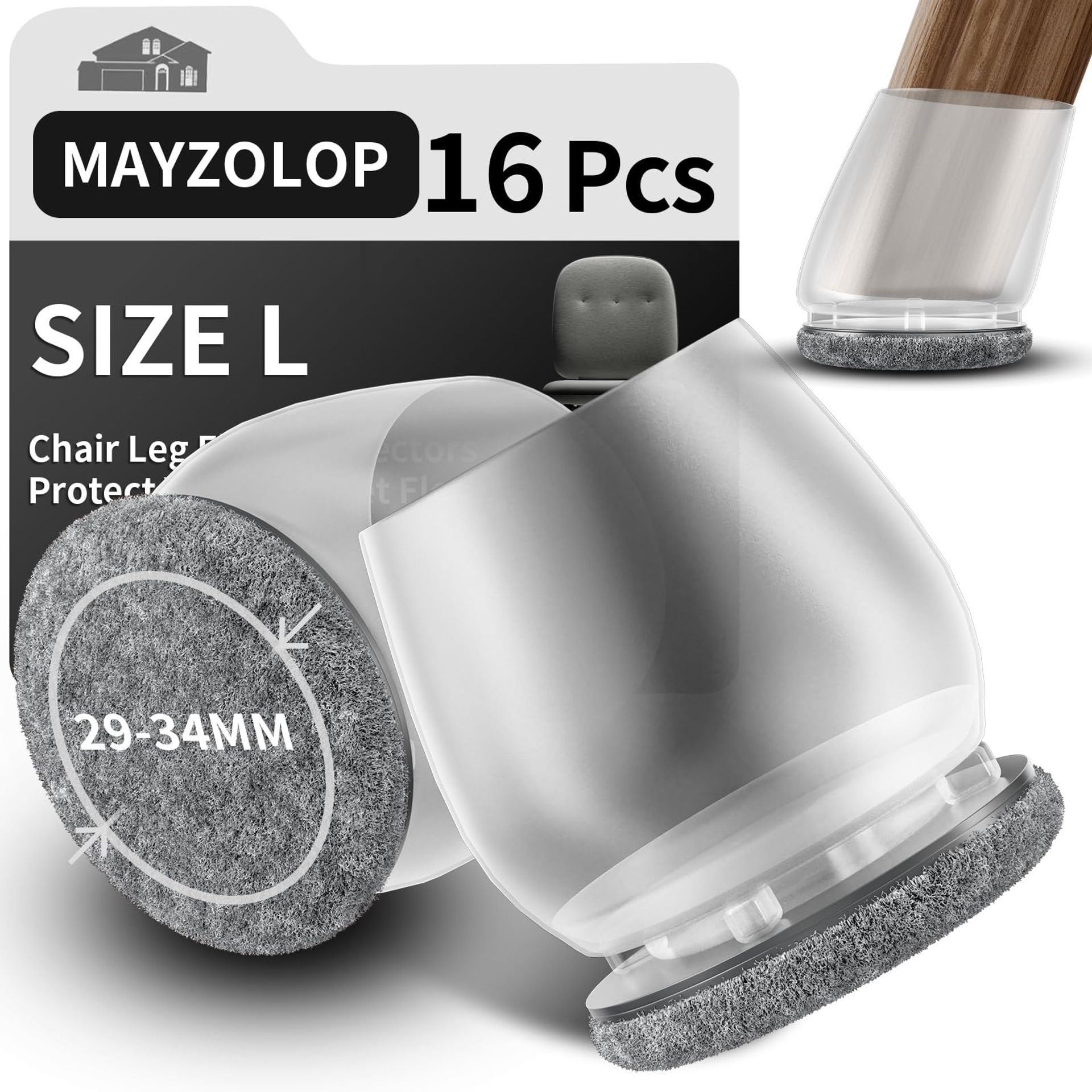 Silicone Chair Leg Floor Protectors Set of 16 Anti-Slip Caps with Grey Felt Pads, Prevent Scratches and Reduce Noise - Transparent L 29-34mm