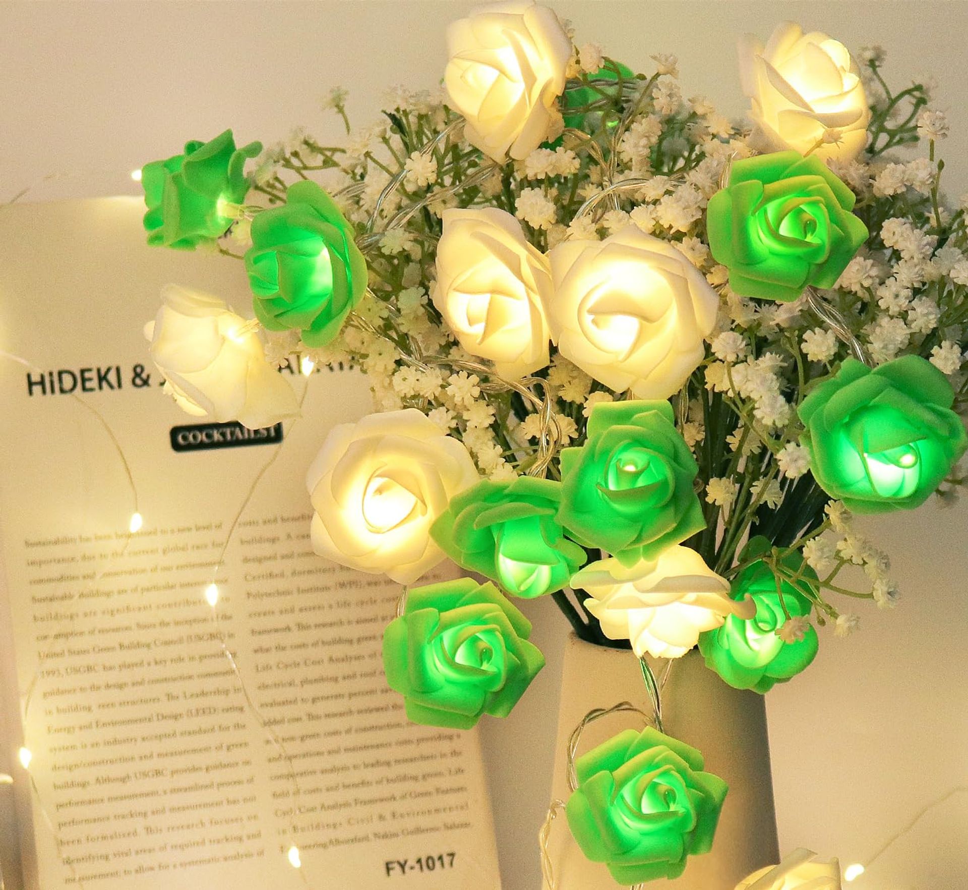 9.8Ft 20LED Rose Flower Fairy String Lights - Green & White Garland for Weddings & Home Décor