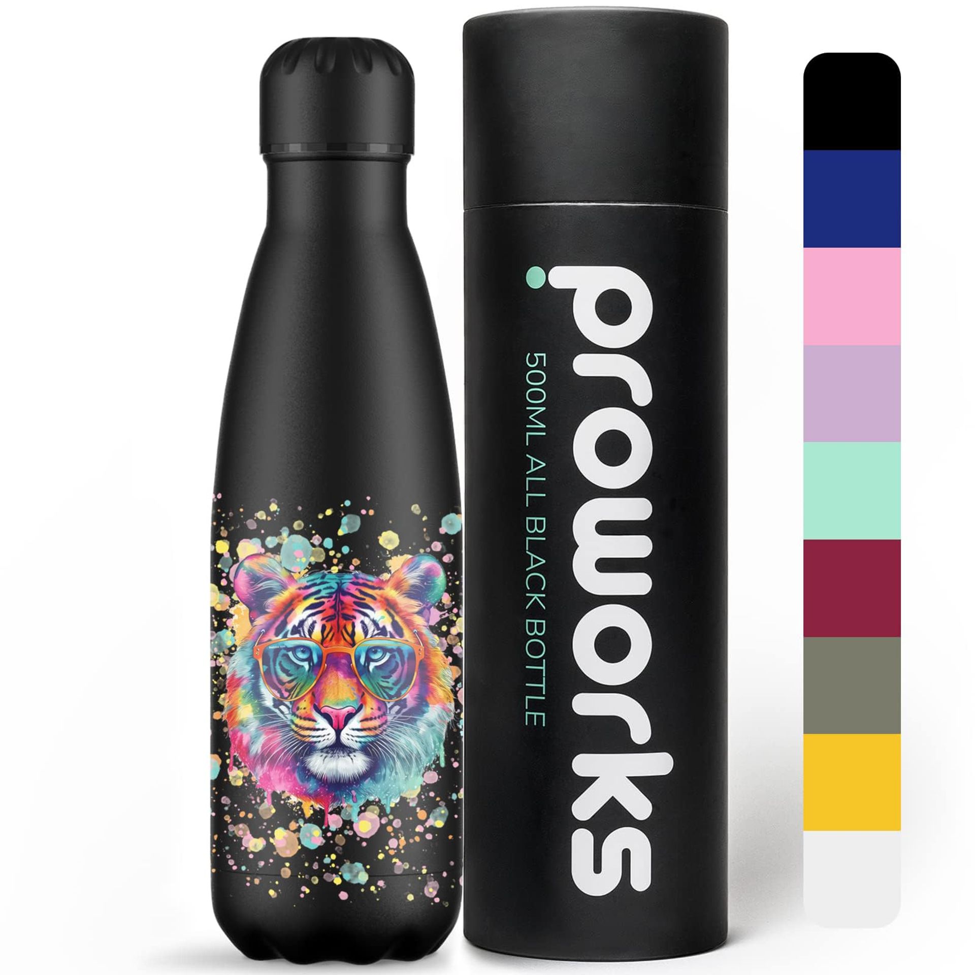 Insulated Stainless Steel Sports Water Bottle, 500ml Tiger Splatter Black – Keeps Drinks Hot 12h or Cold 24h for Gym, Travel & Everyday Use