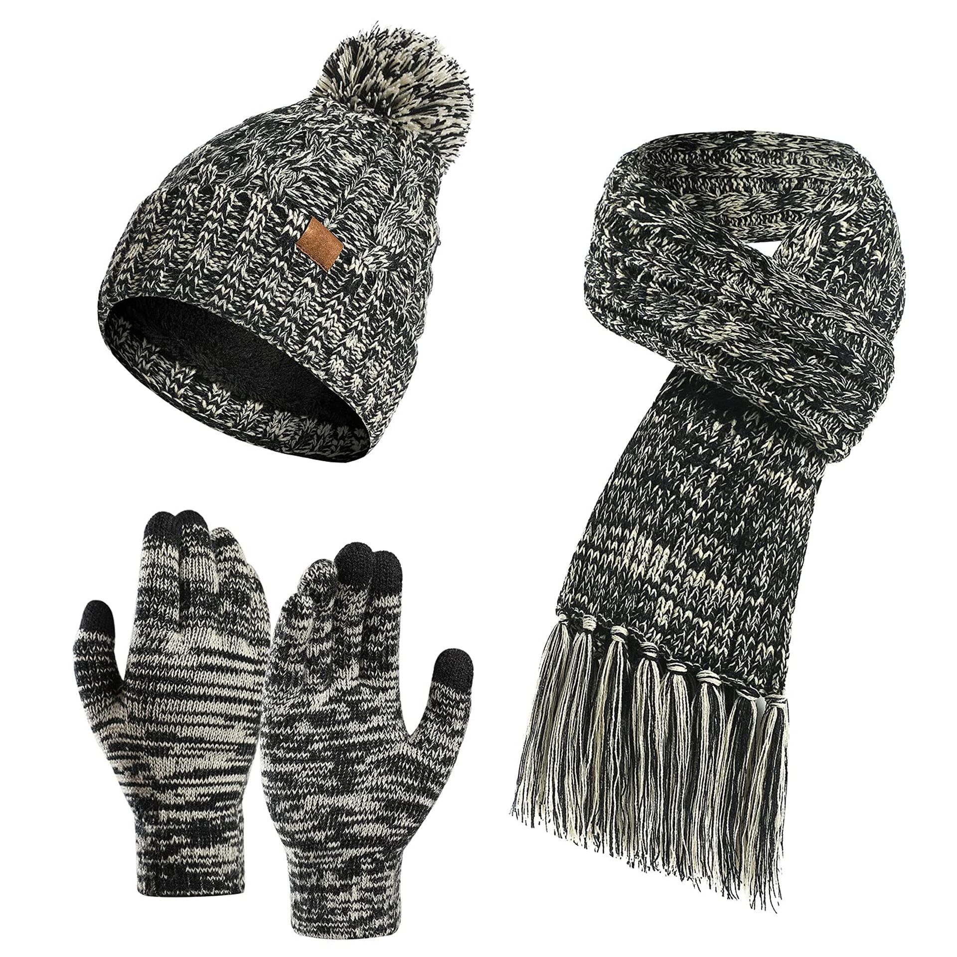 Women's Winter Beanie Hat, Scarf and Touchscreen Gloves Set Thick Knit Plush Lined 3-in-1 Gift Set - Black