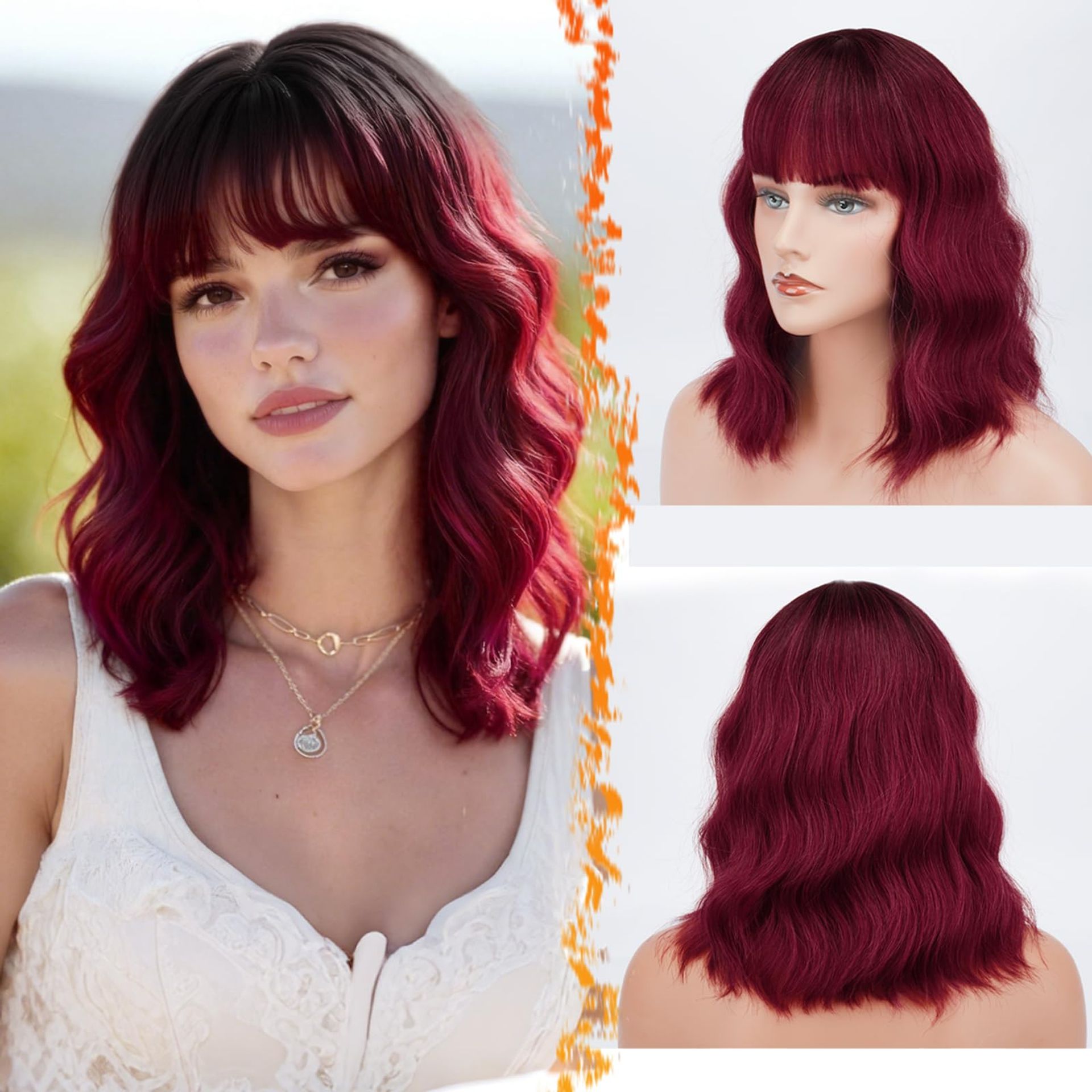 Pastel Wavy Synthetic Wig with Bangs 14-Inch Heat Resistant Cosplay Hair - Red Shoulder Length - Valentines