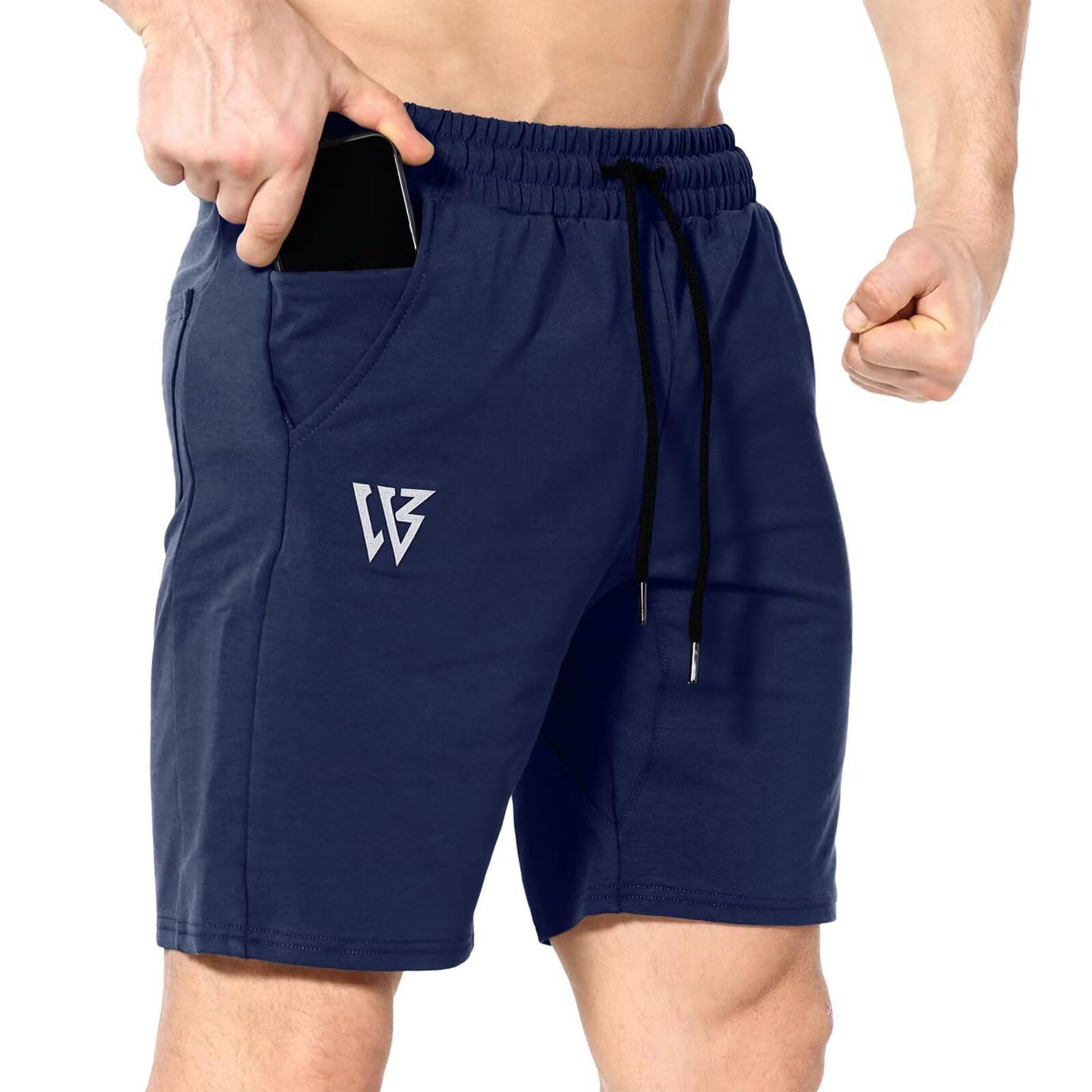 Men's Cotton Gym Shorts Sports Running Workout Fitness with Zip Pockets - Navy S