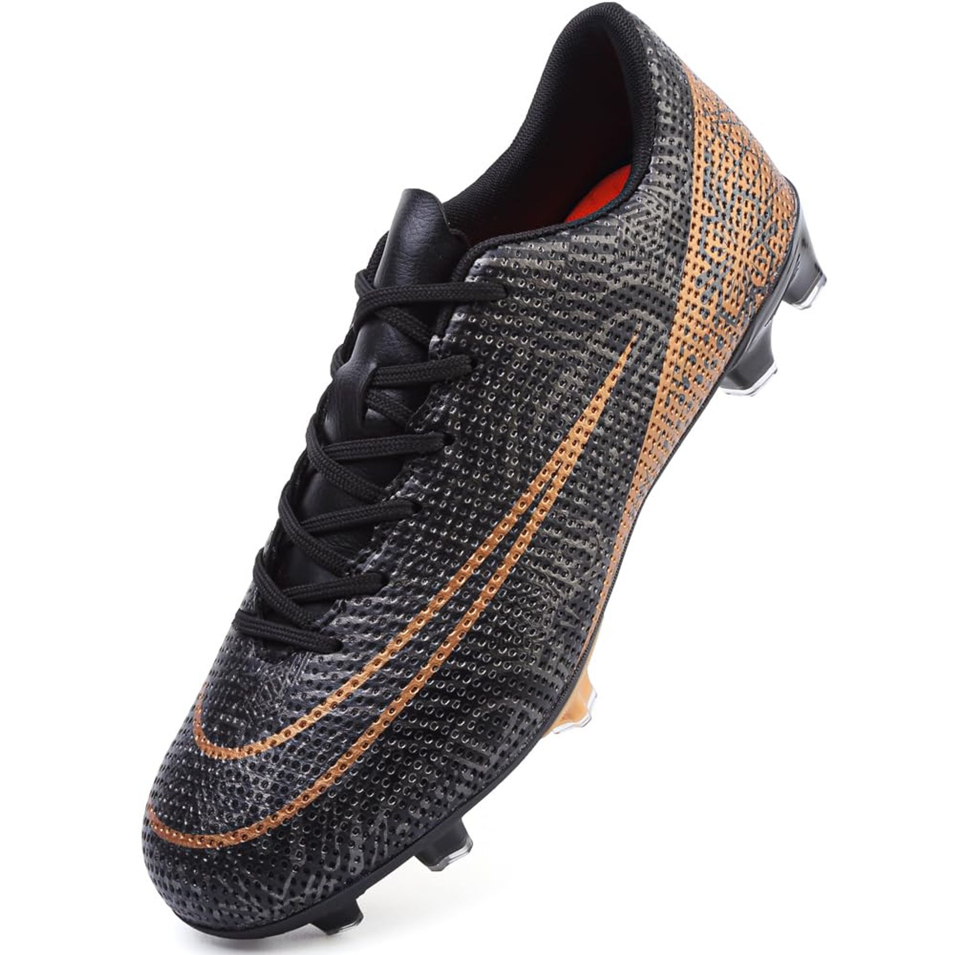 Men's Football Boots Professional Training Athletic Soccer Shoes Breathable Outdoor Grip Sole - Black Gold UK 8