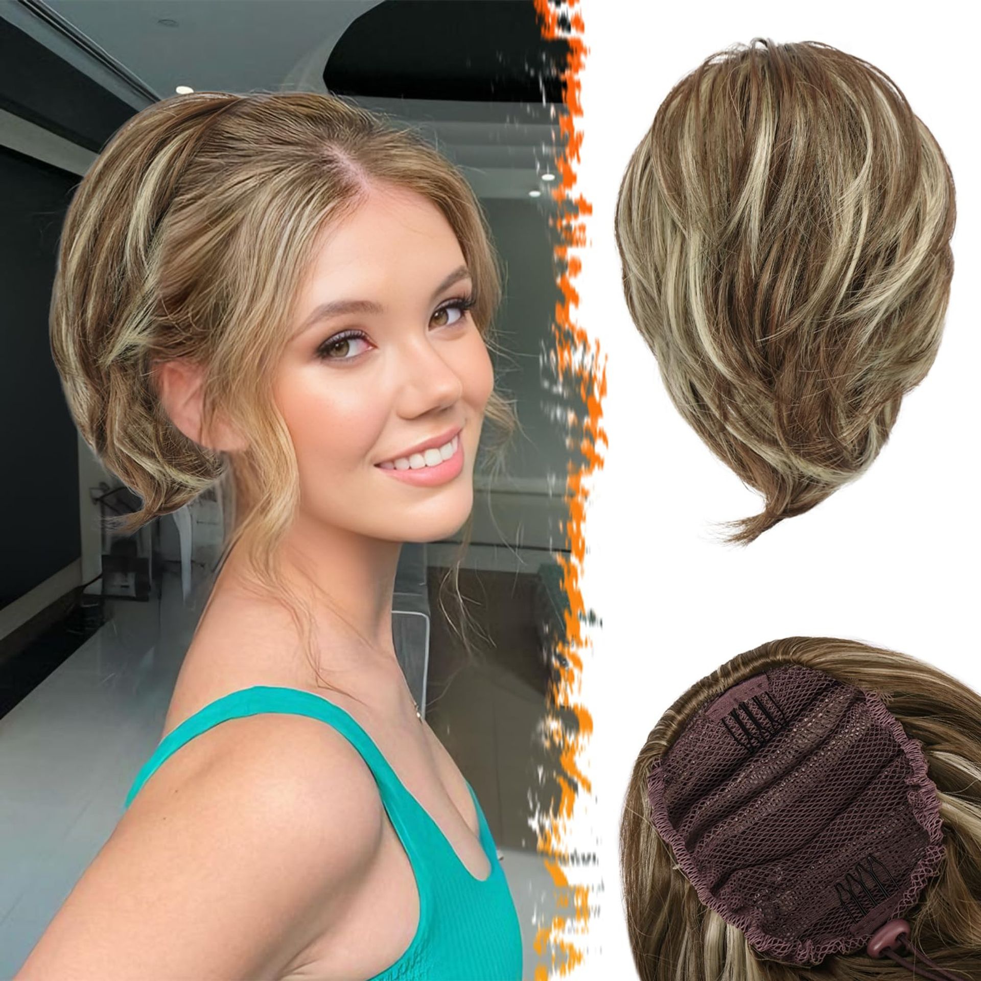 BARSDAR Straight Hair Bun Extensions - Brown & Ash Blonde Drawstring Ponytail for Women
