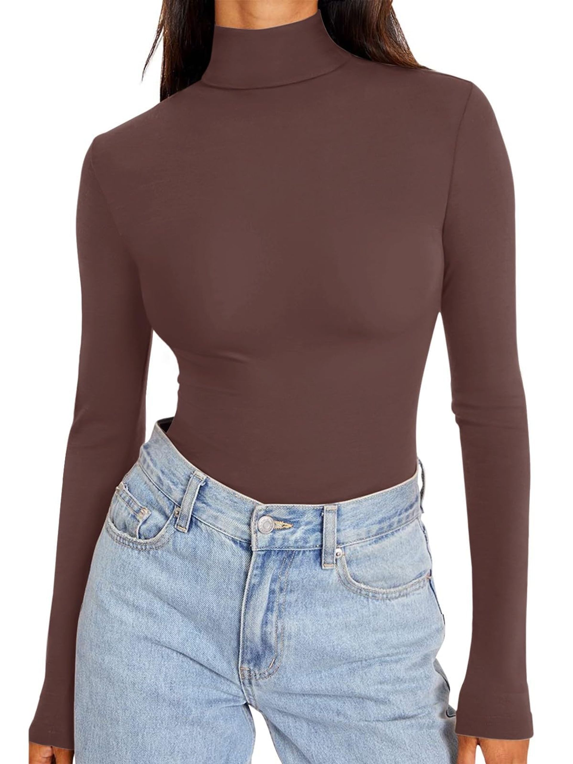 Women's Long Sleeve Mock Neck Top Double Lined Slim Fit Layering Shirt - Coffee Medium
