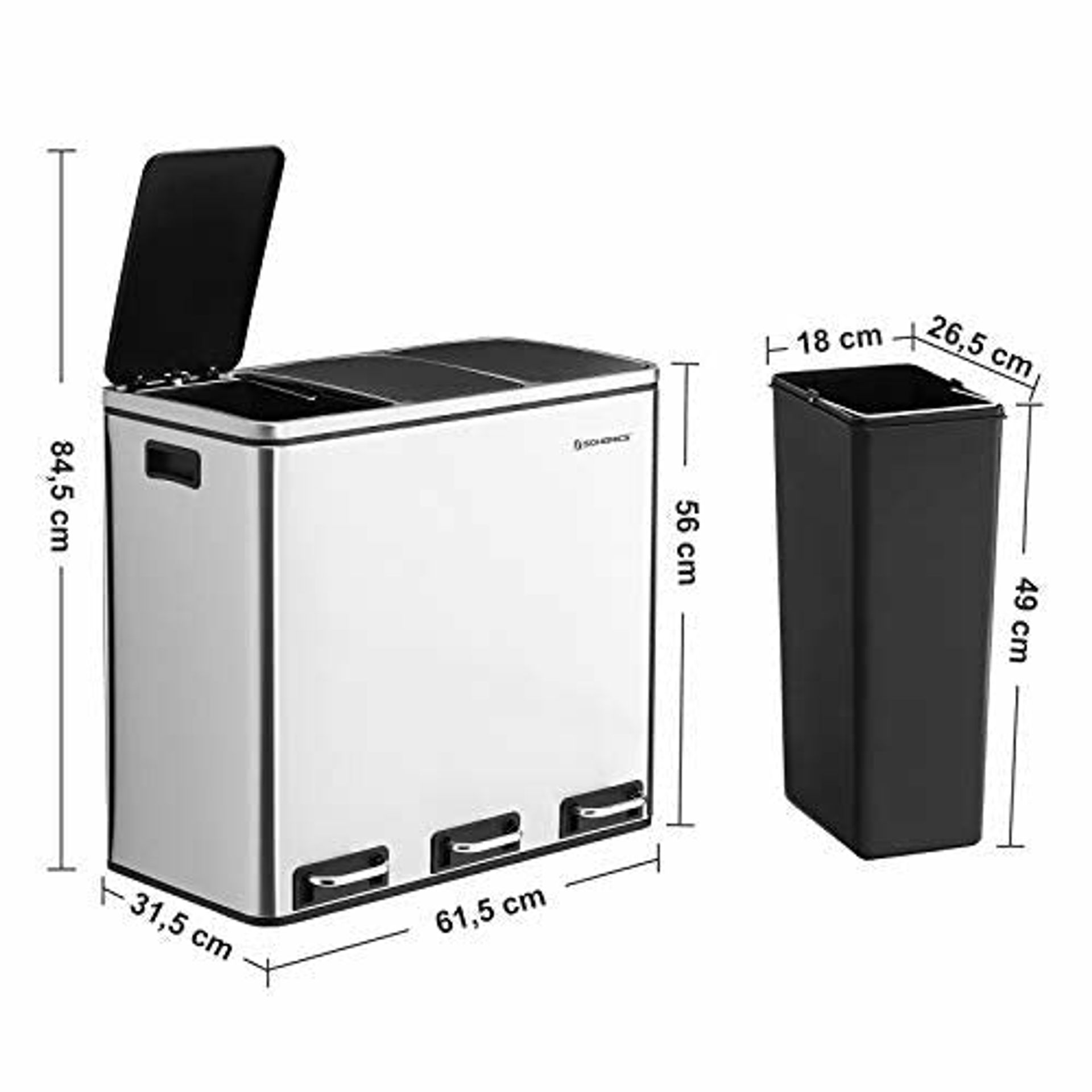 SONGMICS Recycling Bin, Triple Trash Can, 3 X 18L, Pedal Bin With