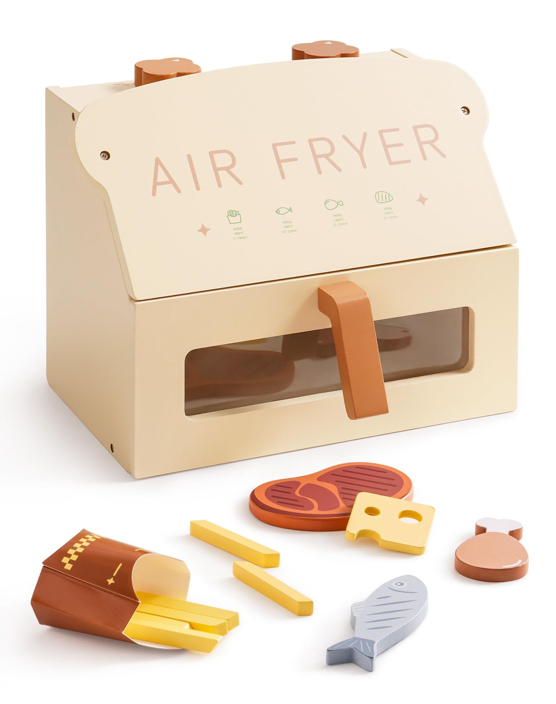 Wooden Toy Air Fryer Oven Kids Pretend Play Kitchen Set with Play Food and Realistic Details - Cream Child-Size