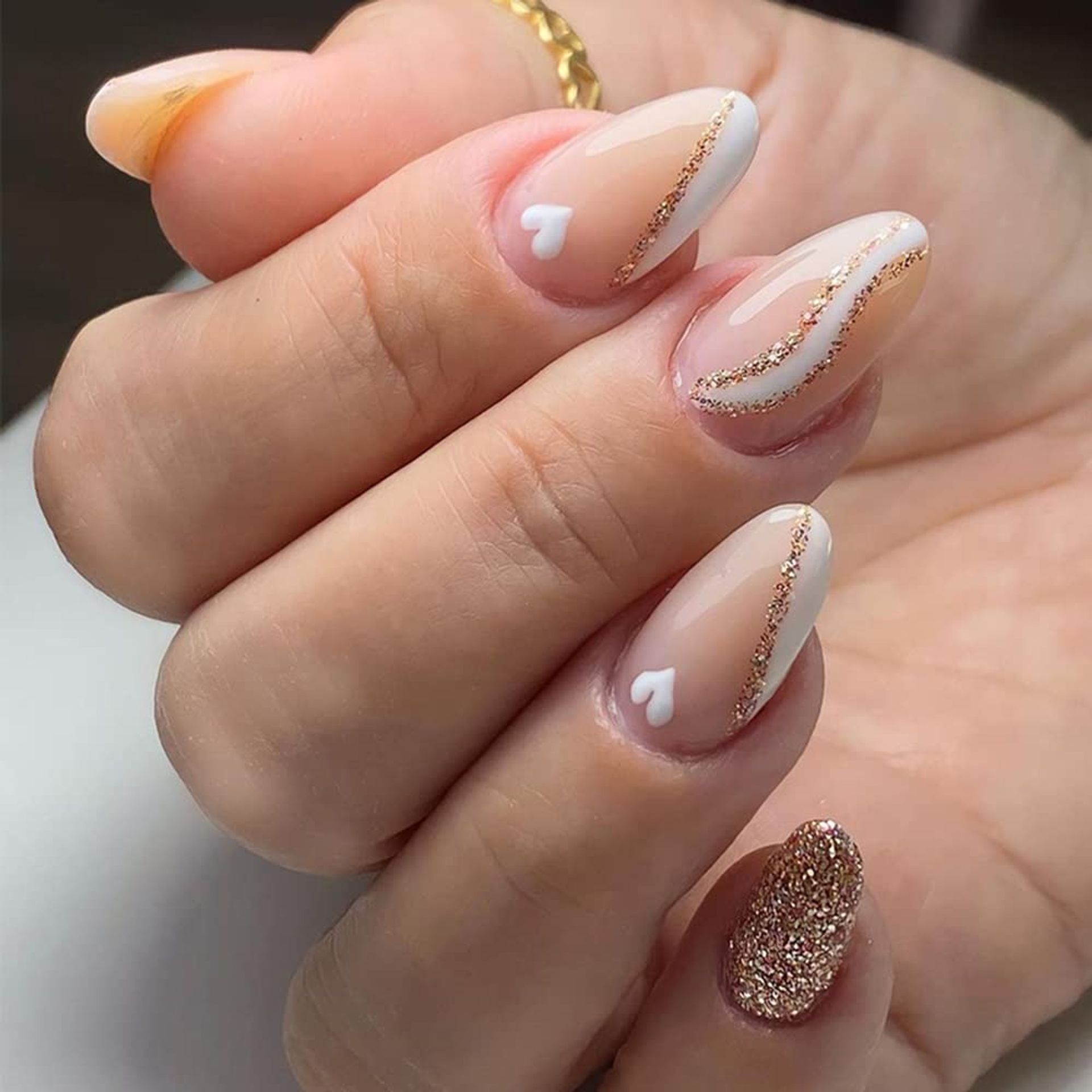 24PCS Short Almond Acrylic False Nails with Glue Stickers, White Wave Love French Design for Women & Girls