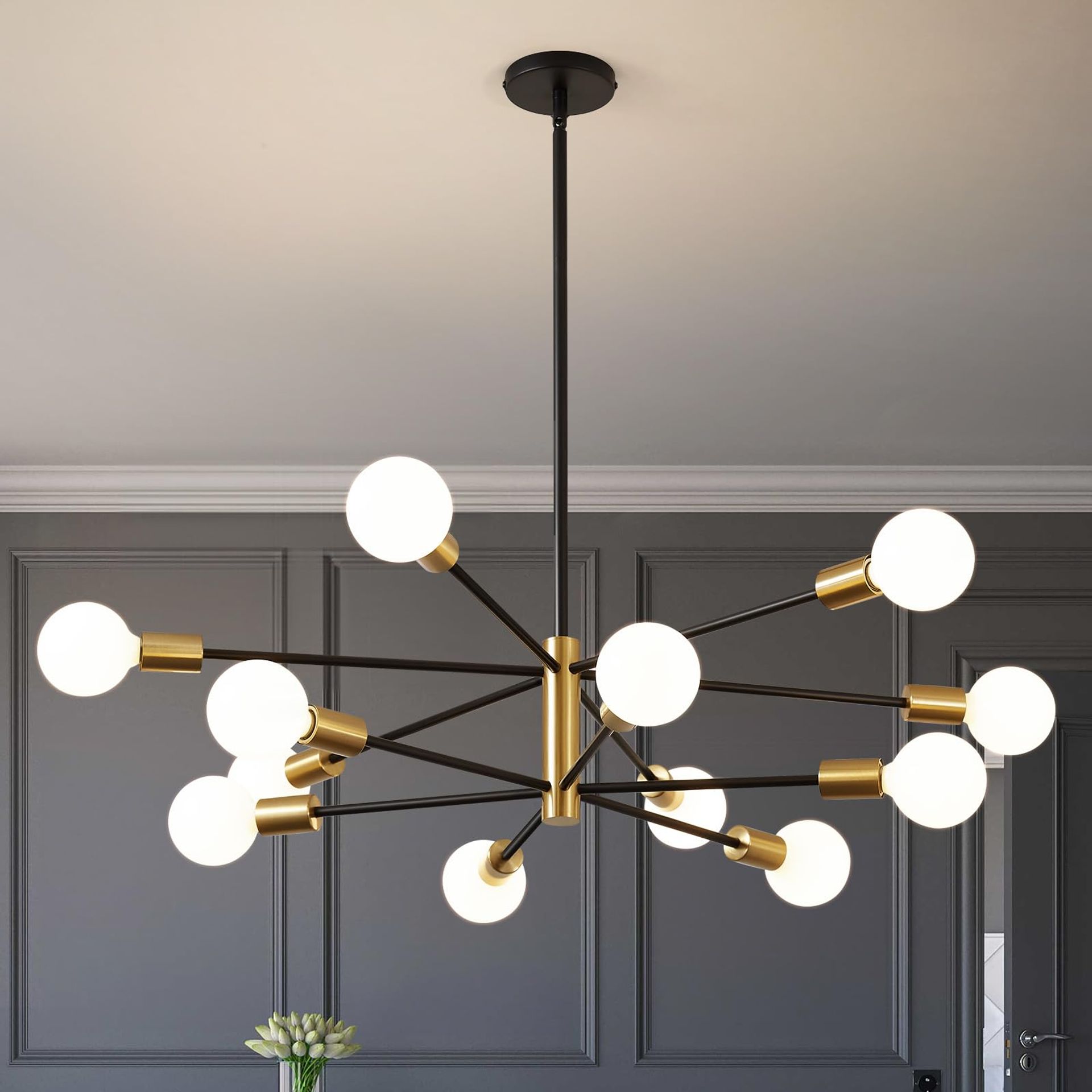 Sputnik Chandelier Ceiling Light 12-Light Modern Adjustable Semi Flush Mount for Dining Room Kitchen Bedroom - Black 12 Lights