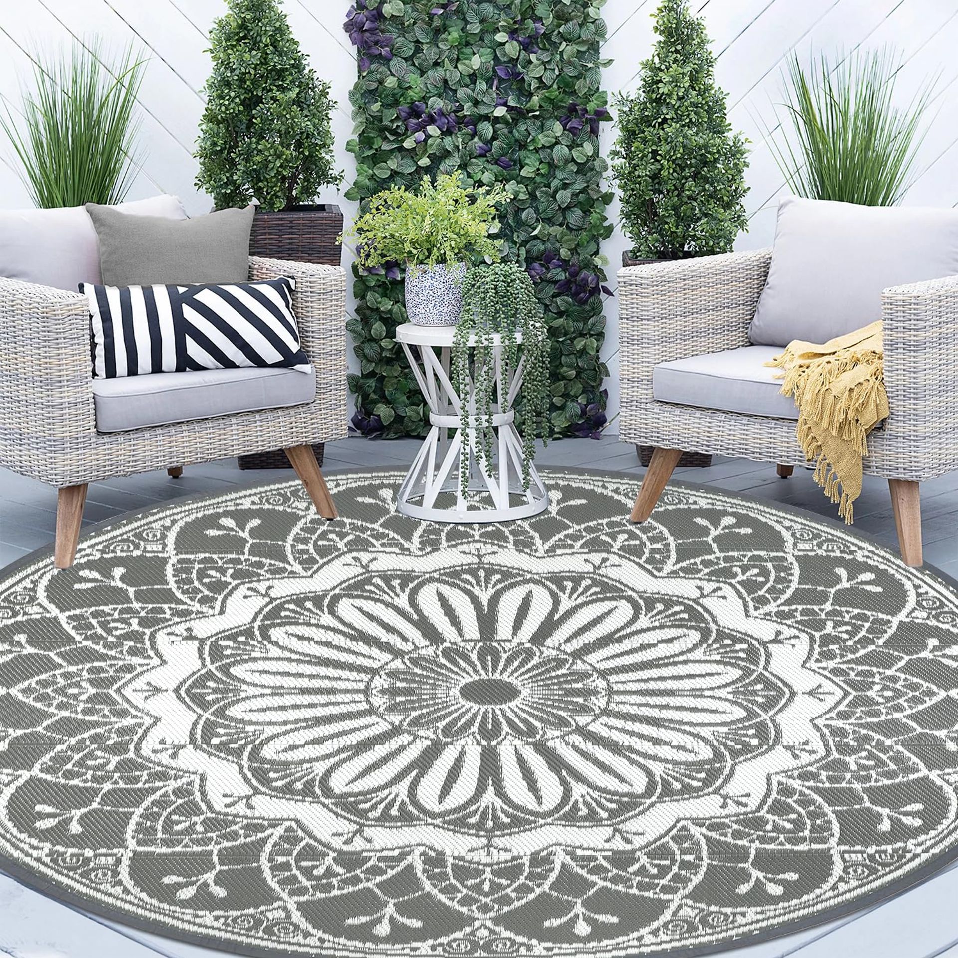 Large Outdoor Round Rug Reversible Waterproof Easy Clean Floor Mat for Garden, Patio, Deck, Picnic, RV and Beach - Grey 240cm