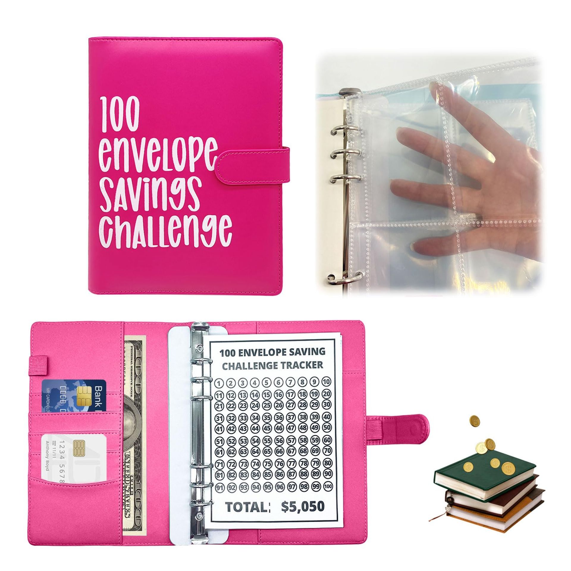 100 Cash Envelopes Binder - Family Saving Challenge, Portable & Stylish Money Organisation (Pink)