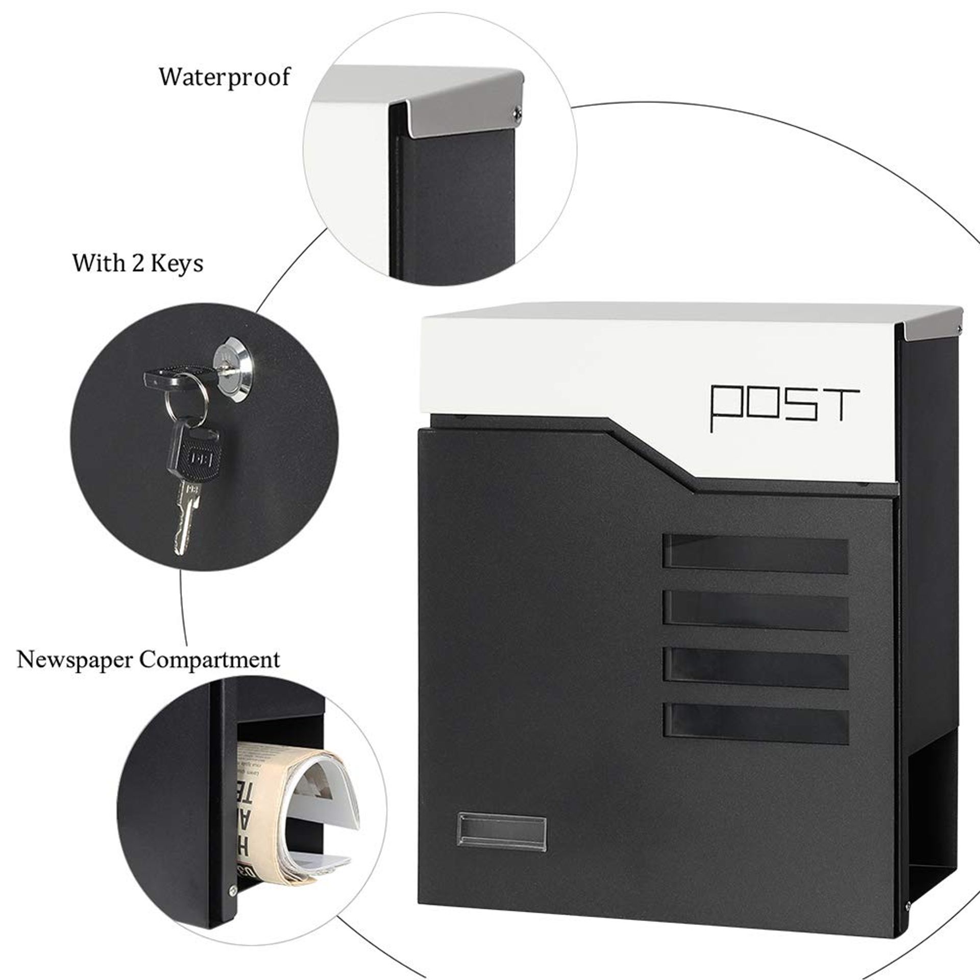 Wall Mounted Metal Letterbox With Key Lock And Waterproof Cover For Secur