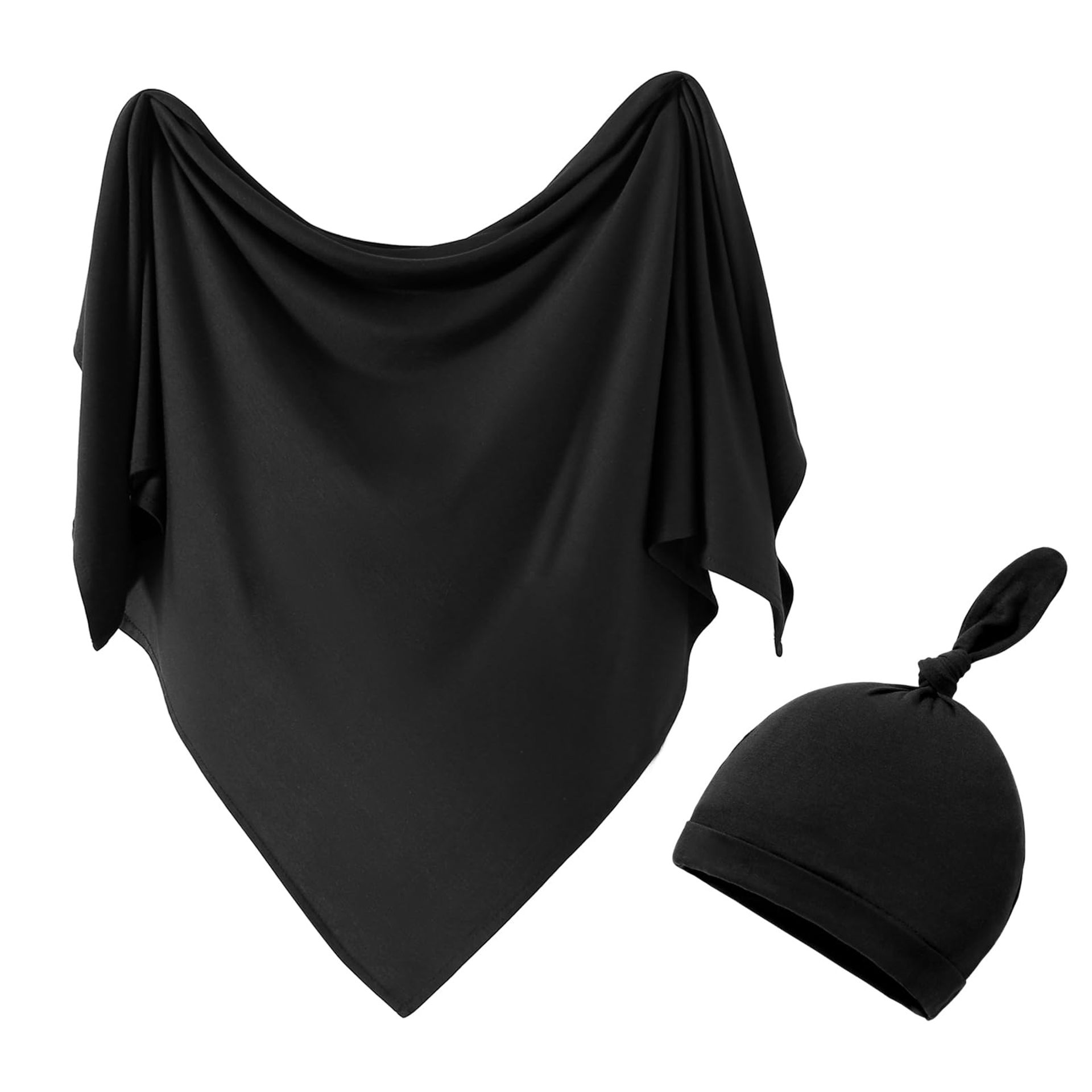 Baby Swaddle Blanket and Hat Set 100% Cotton Soft Breathable Receiving Wrap - Black 115x115cm