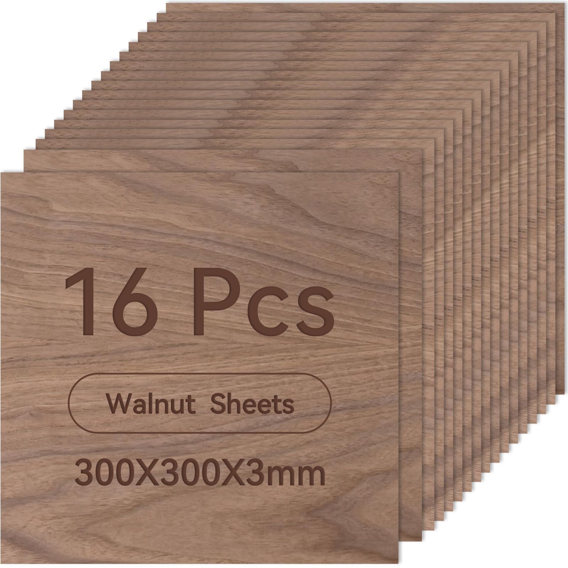 Walnut Plywood Sheets 16 Pack 300x300x3mm for DIY Crafts, Laser Cutting & Model Making