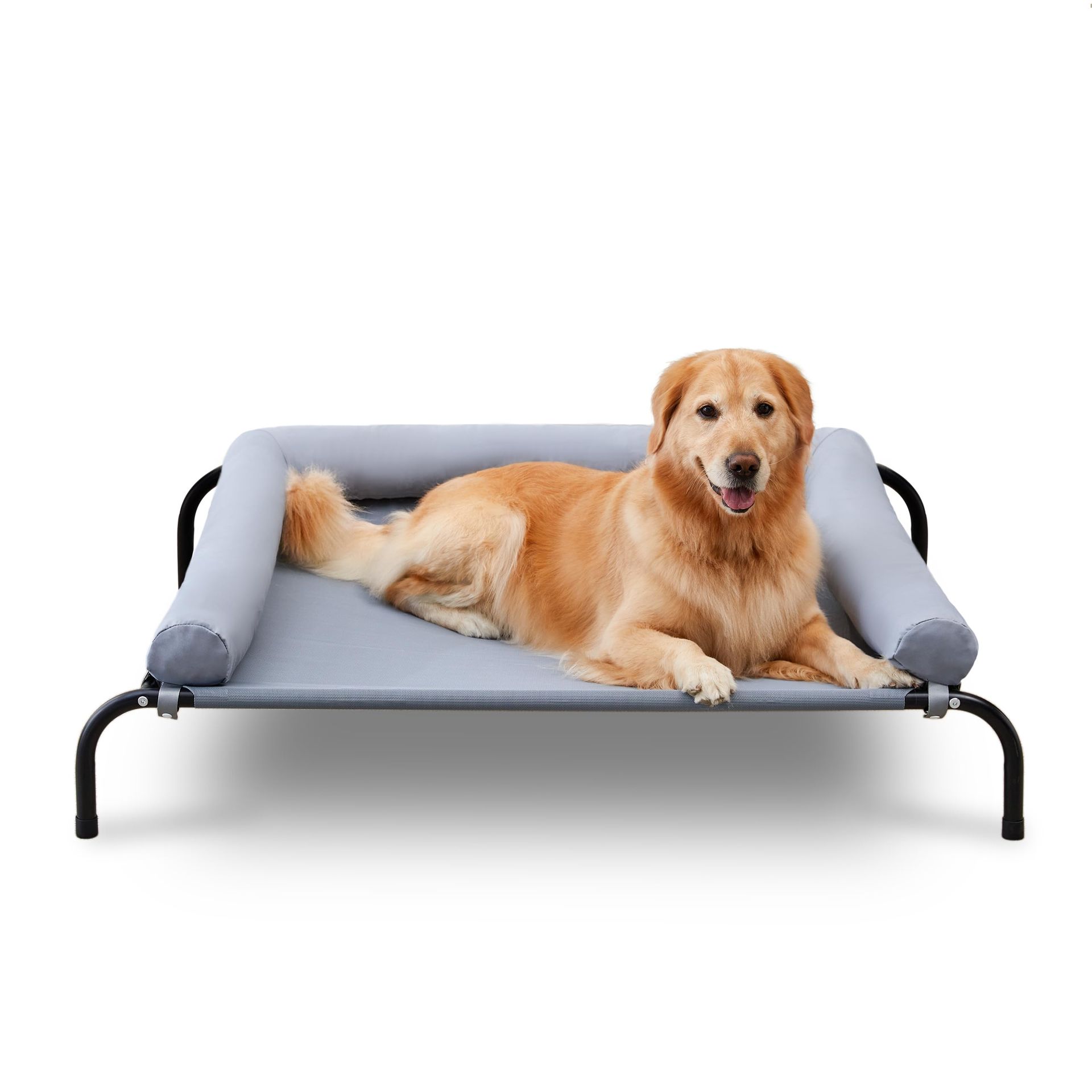 Outdoor Raised Dog Bed with Removable Bolster, Cooling Mesh Design for Giant Dogs - Grey XL