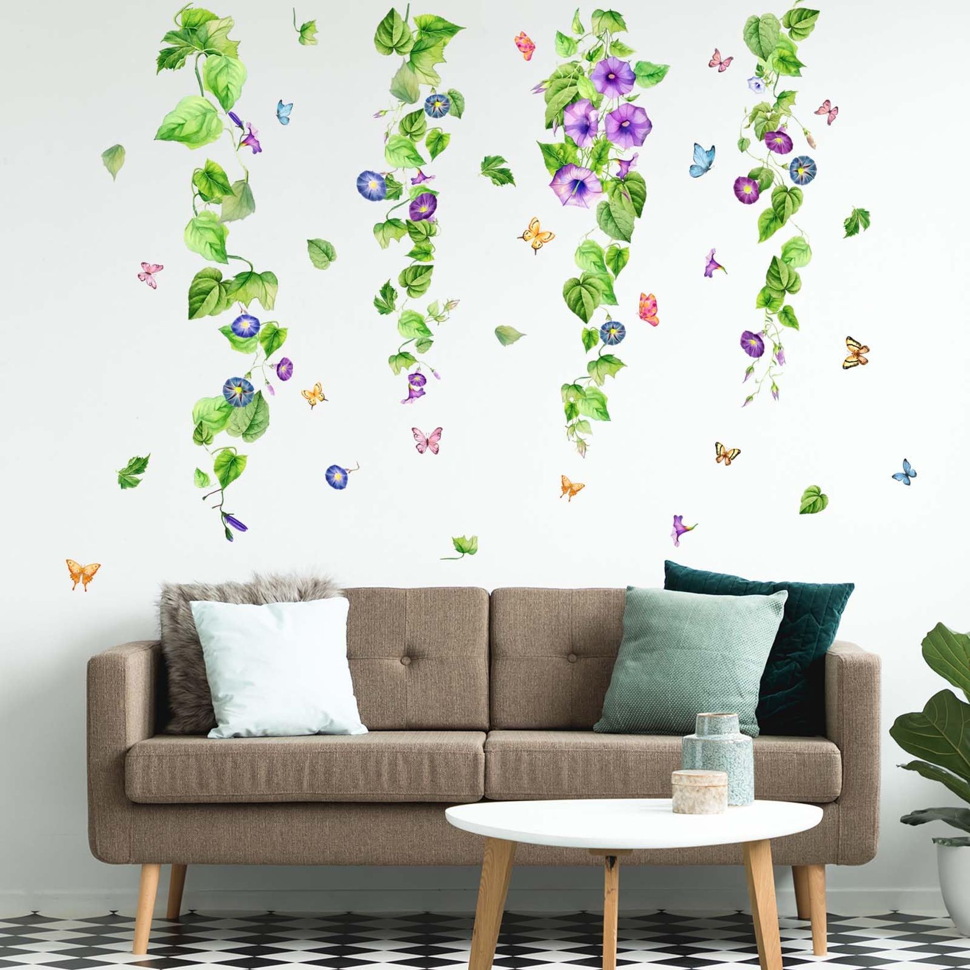 Amimagen Morning Glory Hanging Vines Flowers Wall Stickers - Green Plants Leaves Floral Wall Decals - Bedroom Living Room Sofa TV Background Home Wall Decor