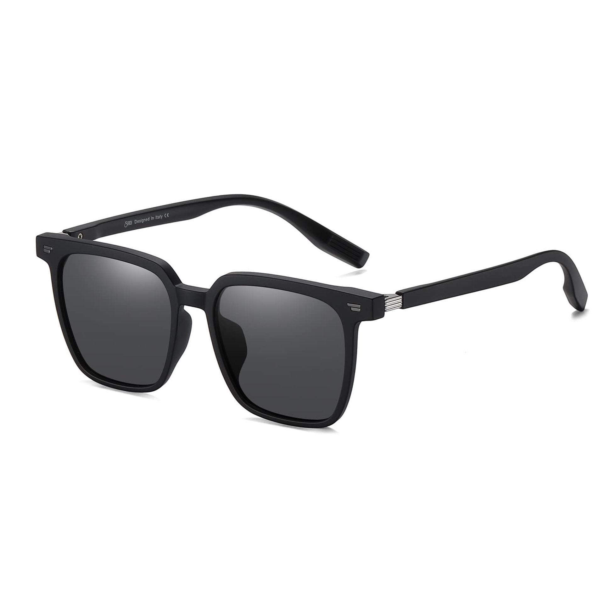 Women's Classic Square Polarised Sunglasses UV400 Flat Lens Retro Design - Matte Black Frame Gray Lens 53